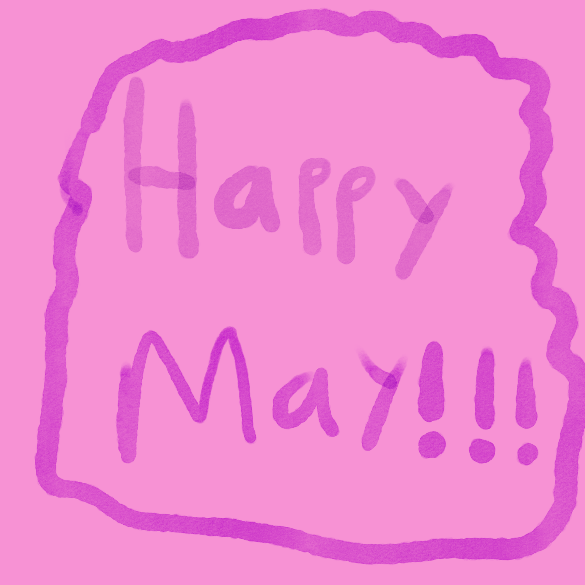 Pink background with purple hand-drawn outline of a face with closed eyes and a smile, with the word 'happy' written inside the face.