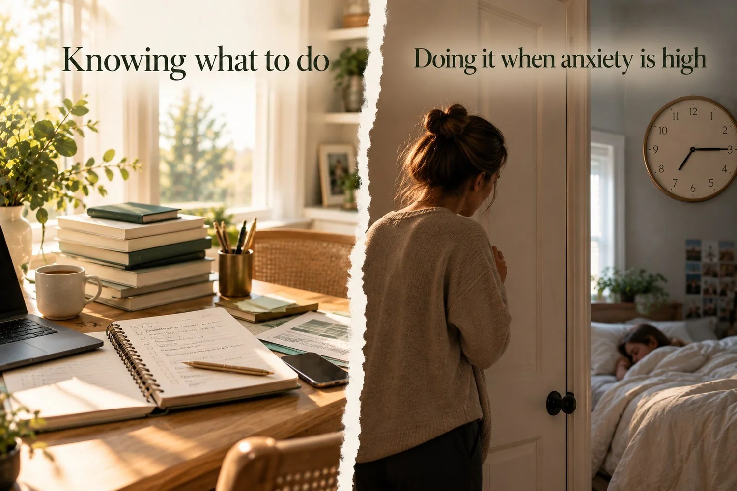 Split image: knowing what to do on the left, doing it when anxiety is high on the right