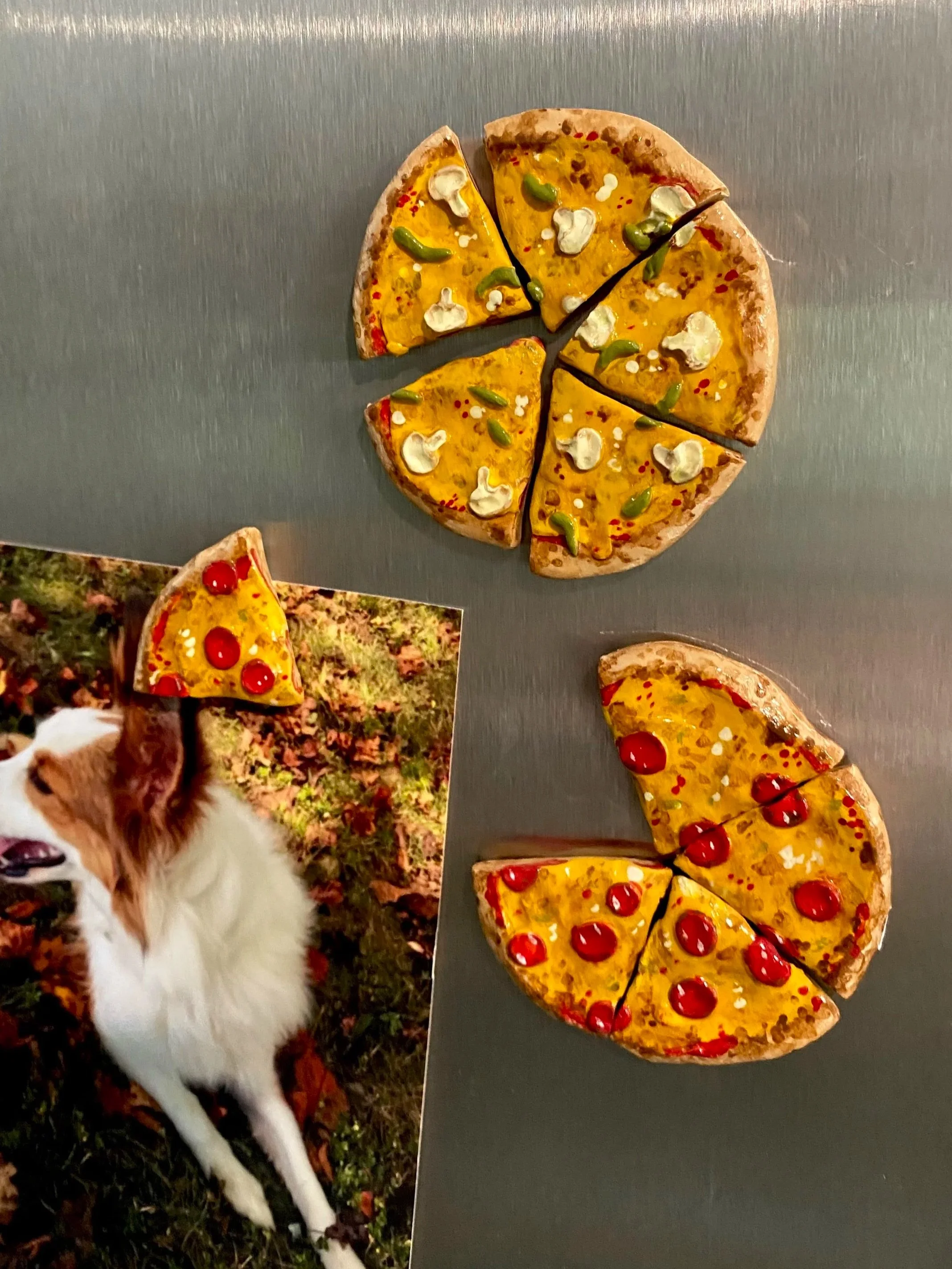 Two miniature polymer clay pizza magnet sets, each with toppings of yellow cheese, pepperoni, mushrooms, and green peppers sitting atop a stainless steel fridge door and holding up a picture of a shetland sheepdog.