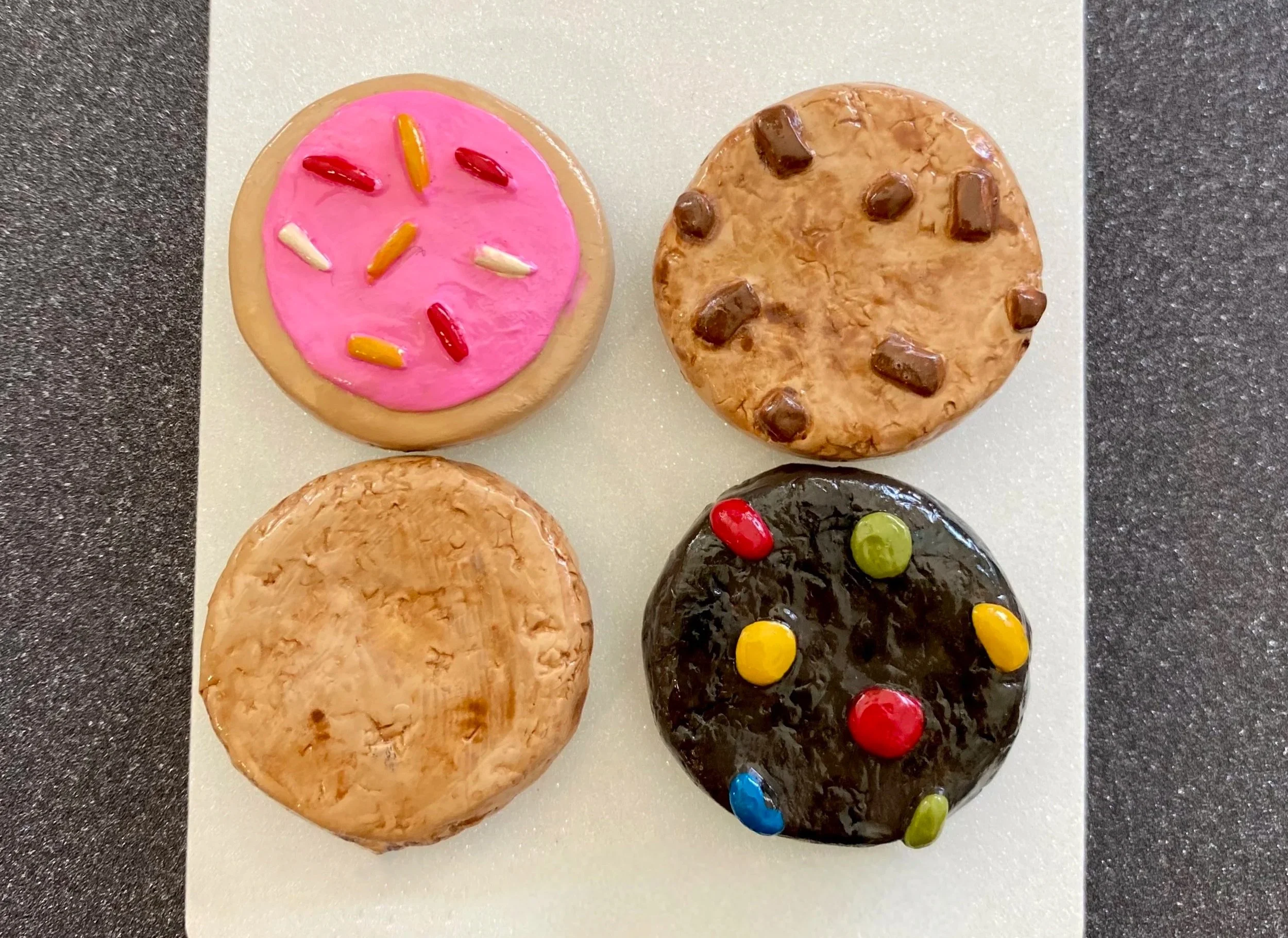 Polymer clay cookie magnets, set of 4, shaped like chocolate chunk, sugar, and m&m cookies.