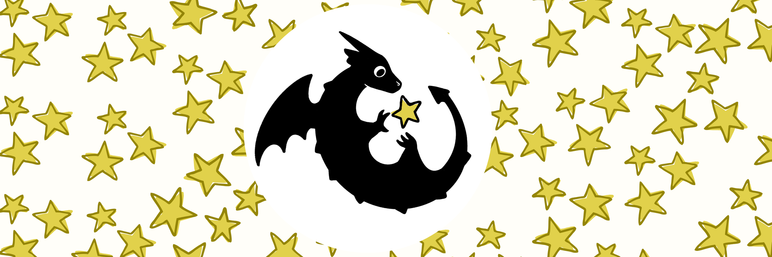 Crabtree Creations Logo: A silhouette of a dragon with wings and a long tail, sitting inside a circle, holding a star in its claws, surrounded by a pattern of gold stars on a white background.
