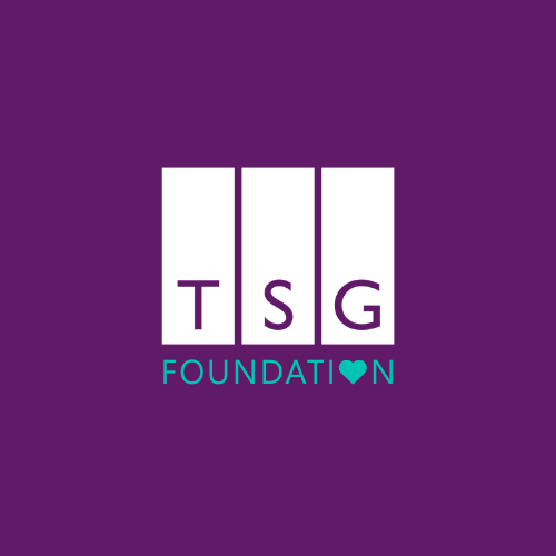 Logo with purple background, featuring three vertical white rectangles with the letters T, S, and G, and the words "FOUNDATION" underneath with a heart symbol.
