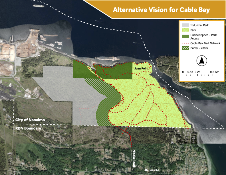 Map showing an alternative vision for Cable Bay with different land uses, trails, buffer zones, and access points around a bay area near the city of Nanaimo.