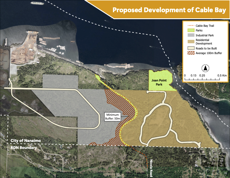 Map illustrating proposed development of Cable Bay with parks, industrial park, residential areas, roads, and a buffer zone near Joan Point Park, along with a scale and legend.