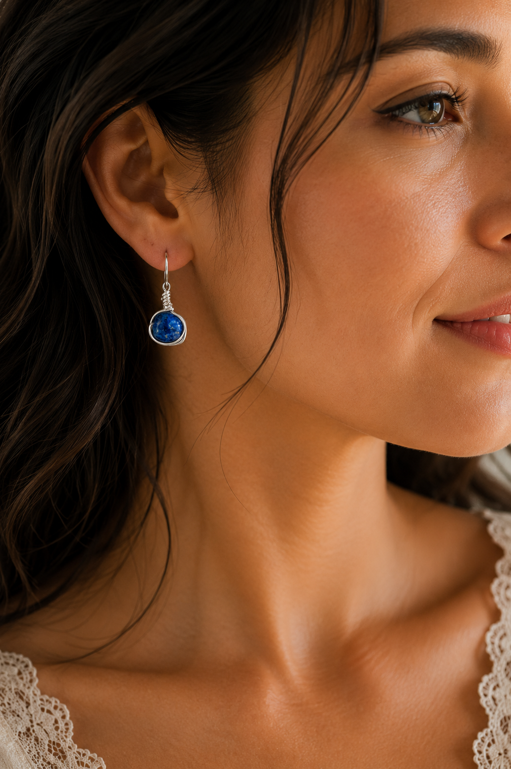 Closeup of Woman - Lapis Lazuli Earrings.png