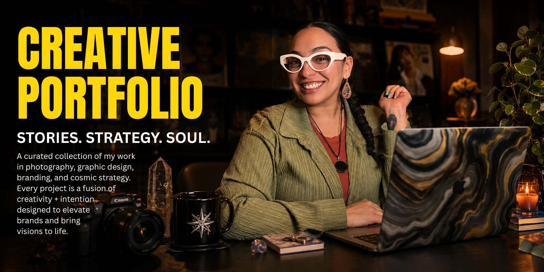 Angie at her work desk used for angiestarstudios.com Creative Portfolio Website Heading