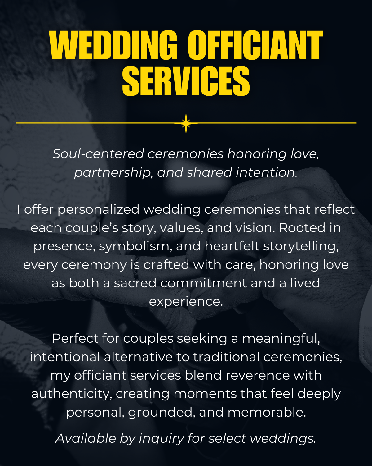 Hands of a couple exchanging rings during an intimate wedding ceremony, symbolizing love, commitment, and soul-centered officiant services.