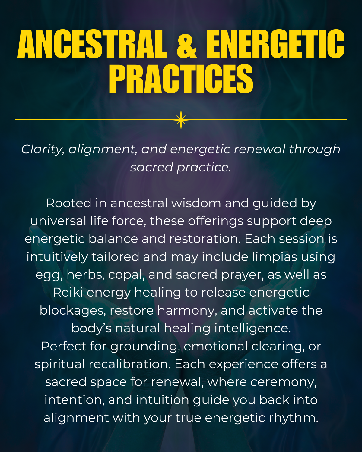 Abstract ceremonial imagery representing ancestral wisdom, Reiki energy healing, limpias, and sacred practices for clarity, balance, and energetic renewal.