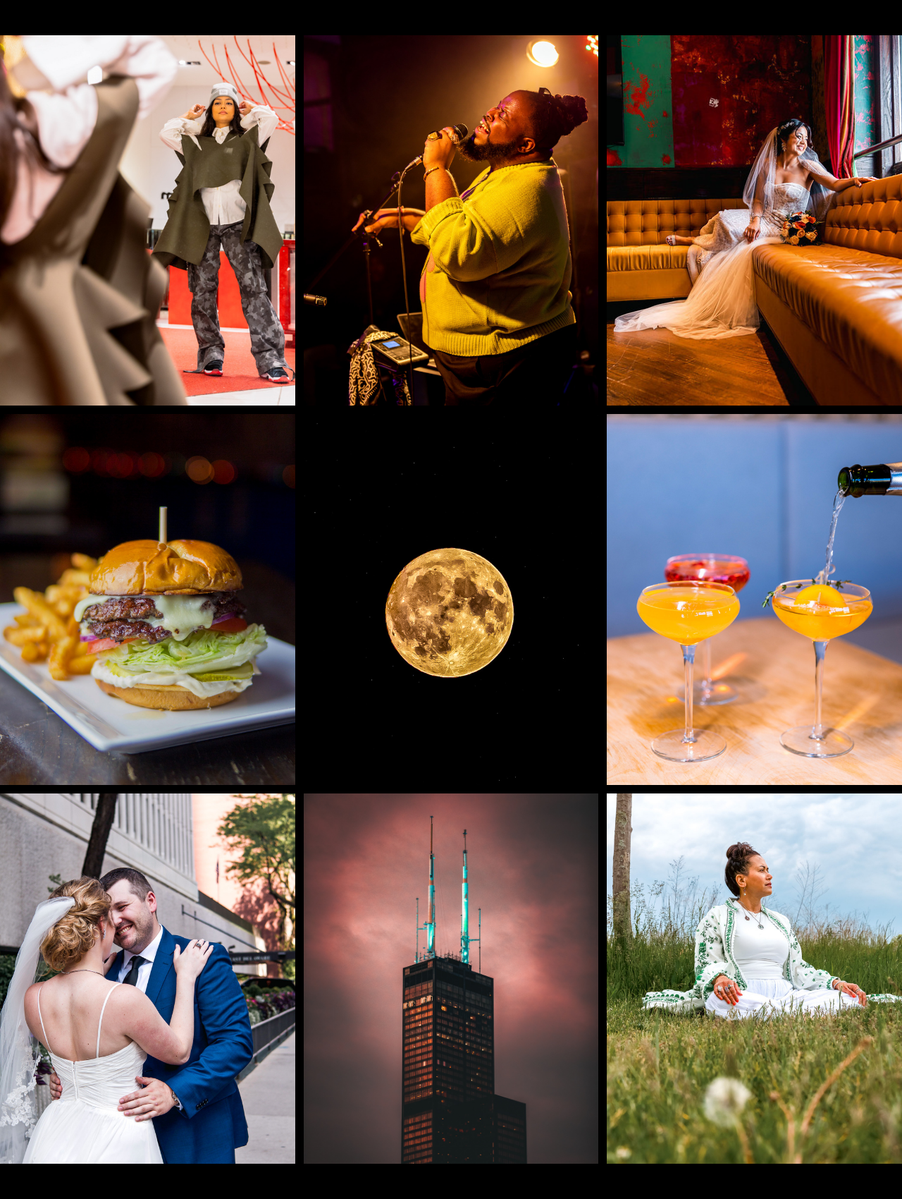 A photography collage by Angie Star Studios highlighting live music, weddings, food, cityscapes, lunar imagery, and mindful portraits, reflecting a blend of culture, creativity, and storytelling.