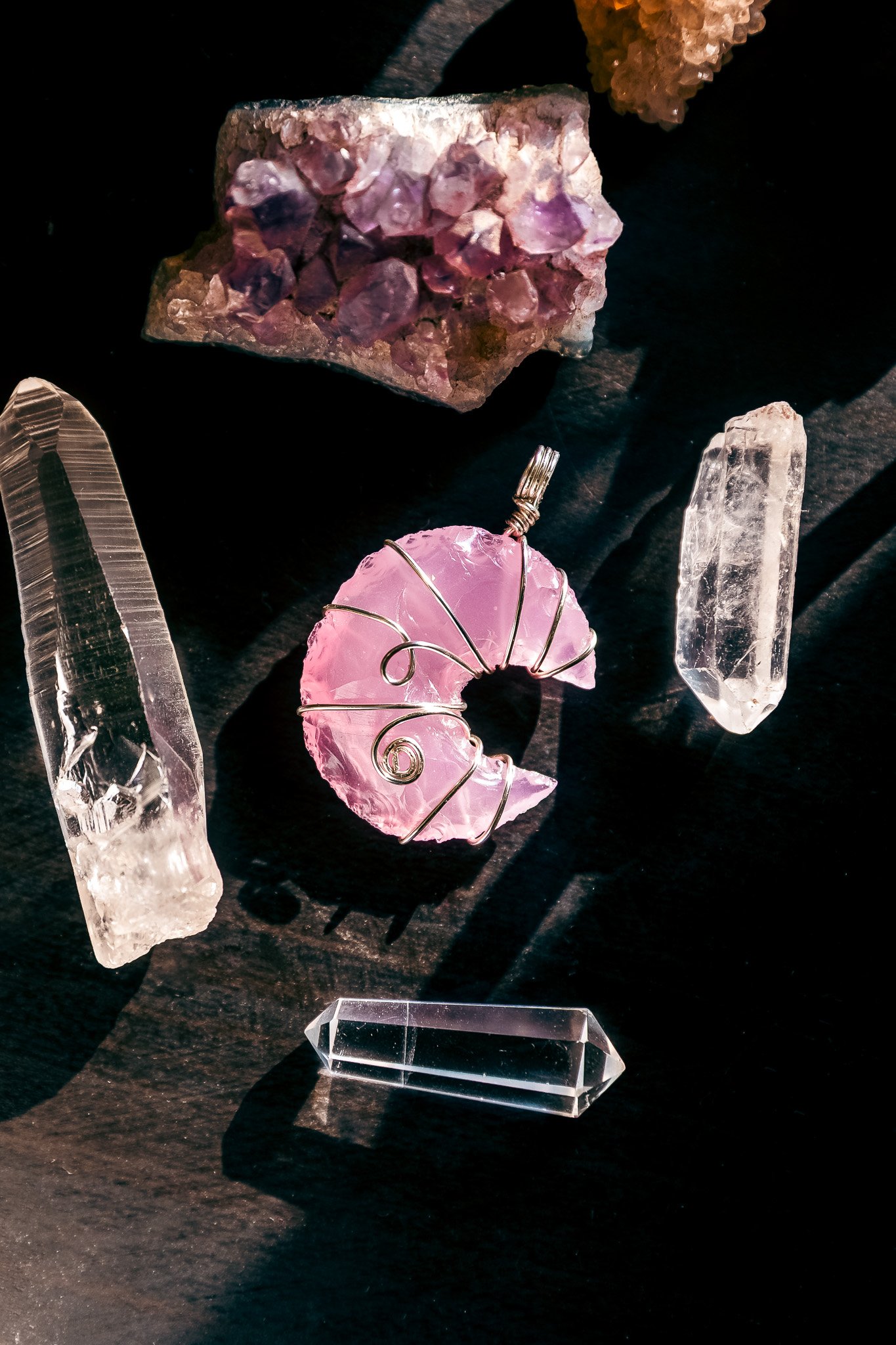 Heart Moon - Rose Quartz Crescent Moon Pendant