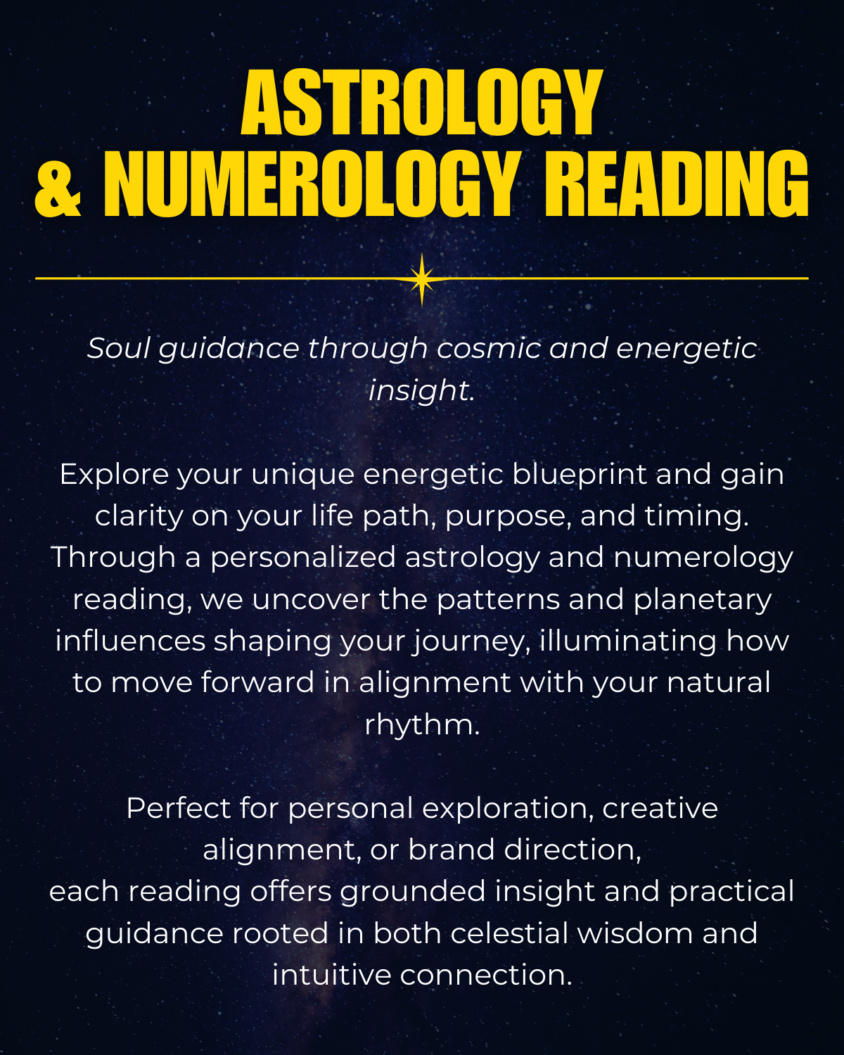 Star-filled cosmic background symbolizing astrology and numerology readings focused on soul guidance, life path clarity, and energetic alignment.