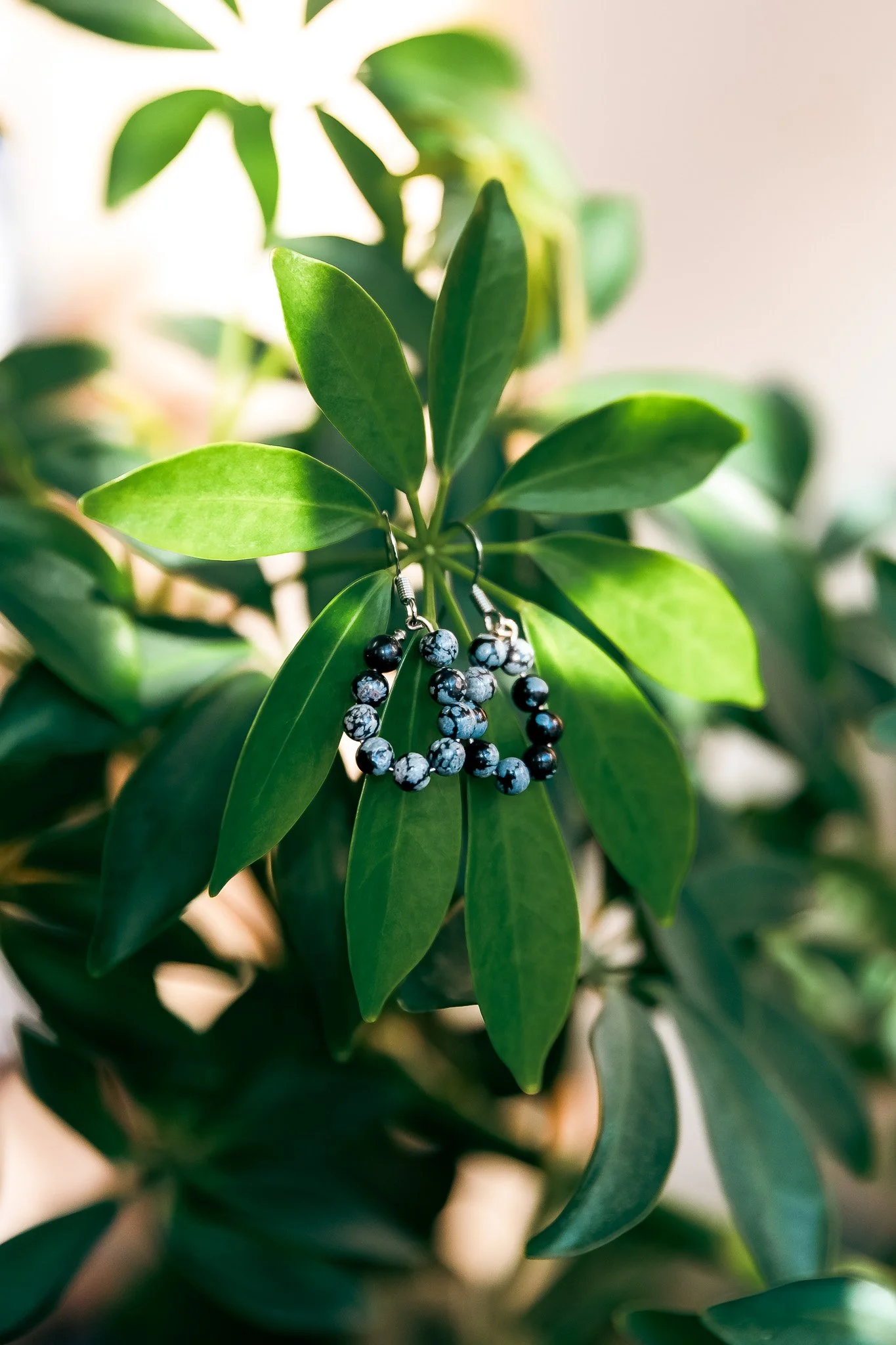 Winter Wisdom - Snowflake Obsidian Beaded Hoop Earrings
