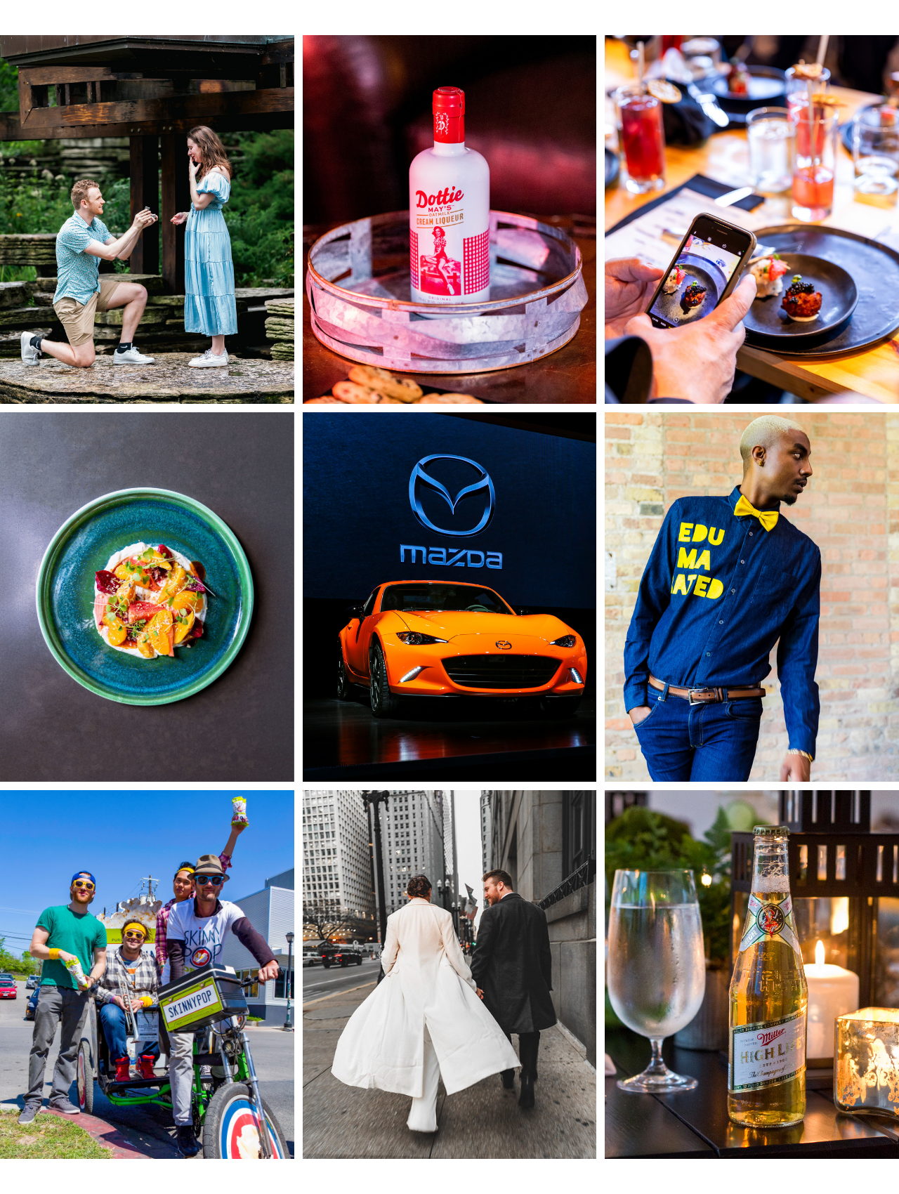 Collage of nine images: a proposal with a man kneeling with a ring to a woman outdoors, a bottle of Dottie May's liquor, a person taking photos of food at a table, a colorful plated dish, a Mazda car at an auto show, a person wearing a shirt that says 'Educated', a group of people on bikes, a couple walking in city streets, a bottle of beer and a glass of water on a table with candles.