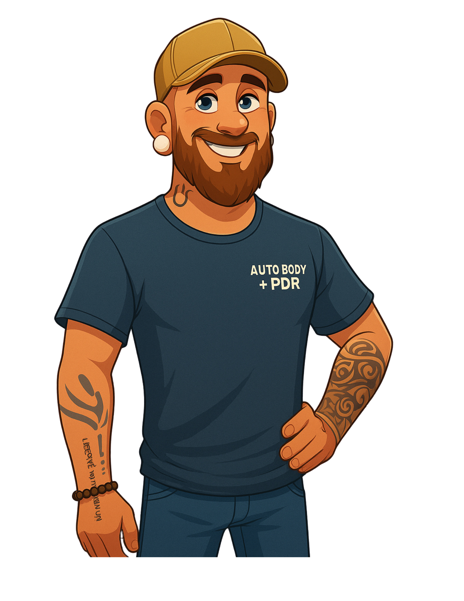 Cartoon man with a beard and tattoos, wearing a navy t-shirt with 'AUTO BODY + PDR' and a beige cap, smiling and standing with one hand on his hip.