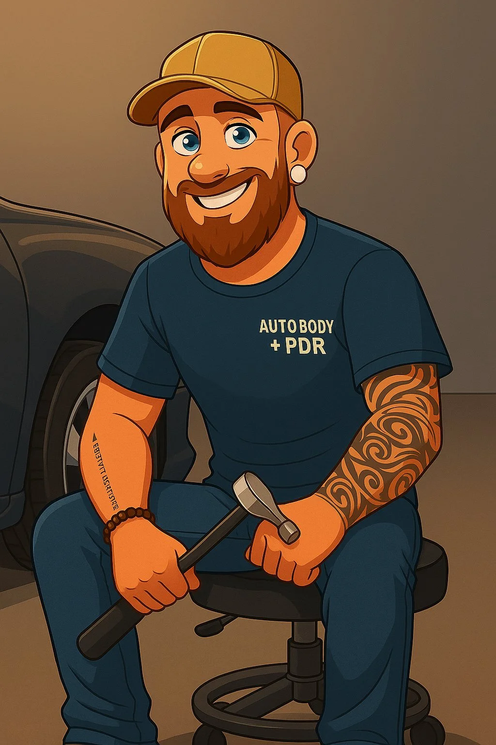 Cartoon drawing of a man with a beard, wearing a beige cap, blue t-shirt with 'Auto Body + PDR' written on it, jeans, and earrings, sitting on a chair and holding a hammer.