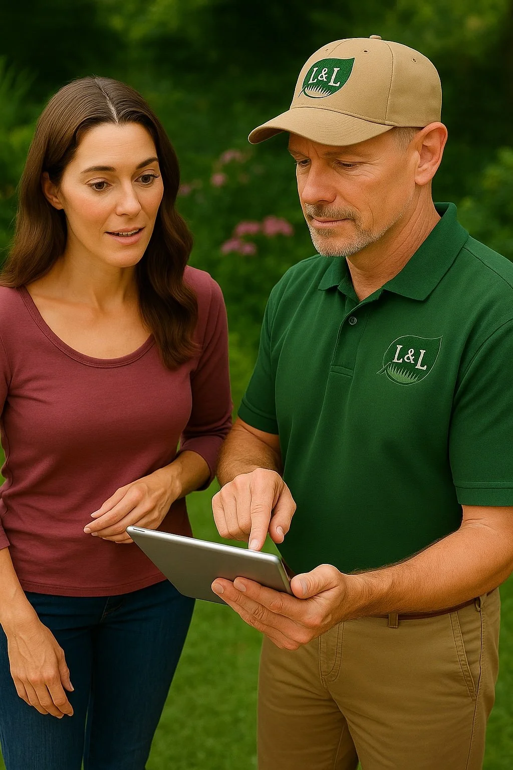 A woman and a man outdoors looking at a tablet, with the man pointing at the screen, in front of green trees and pink flowers, the man wearing a green polo shirt and tan cap with an 'L&L' logo.