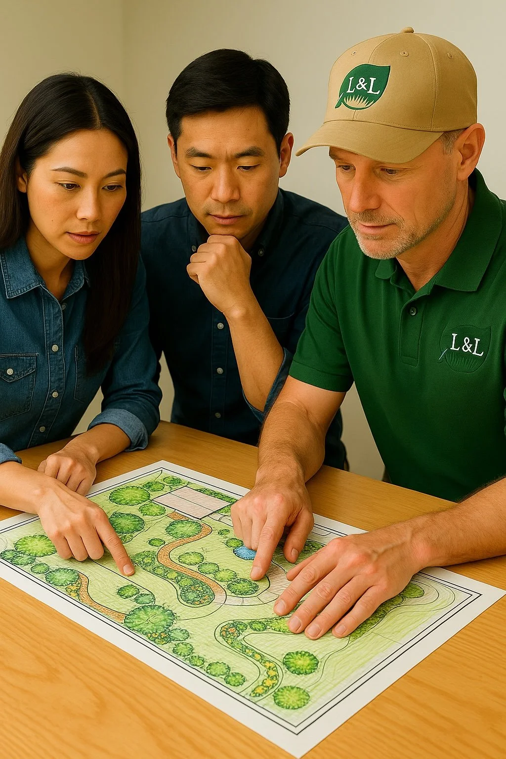 Three people looking at a landscape design plan on a table, with one person pointing to it.