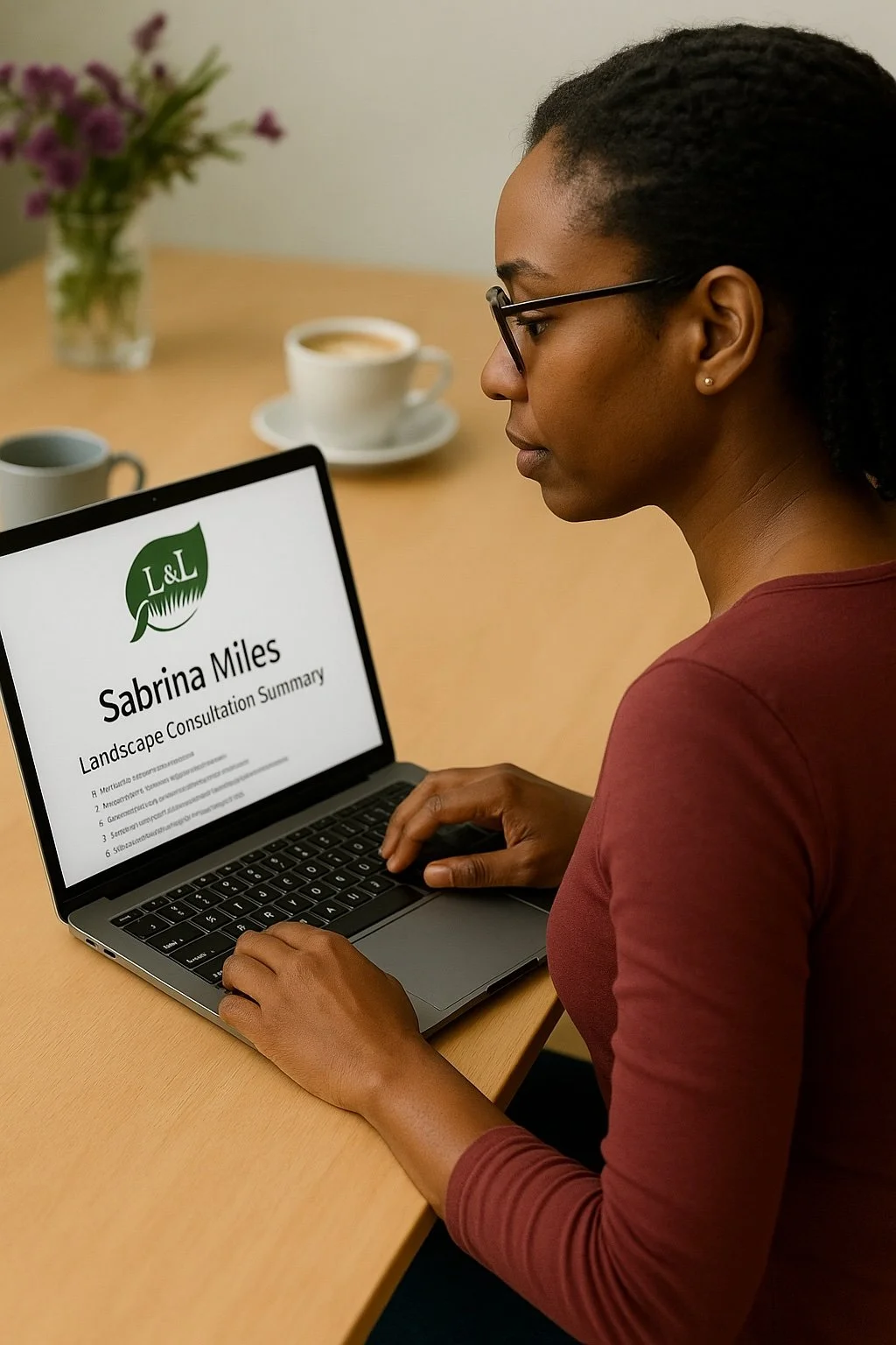 A woman with glasses and dark curly hair working on a laptop at a desk, displaying a presentation slide with the name Sabrina Miles and the title Landscape Consultation Summary.