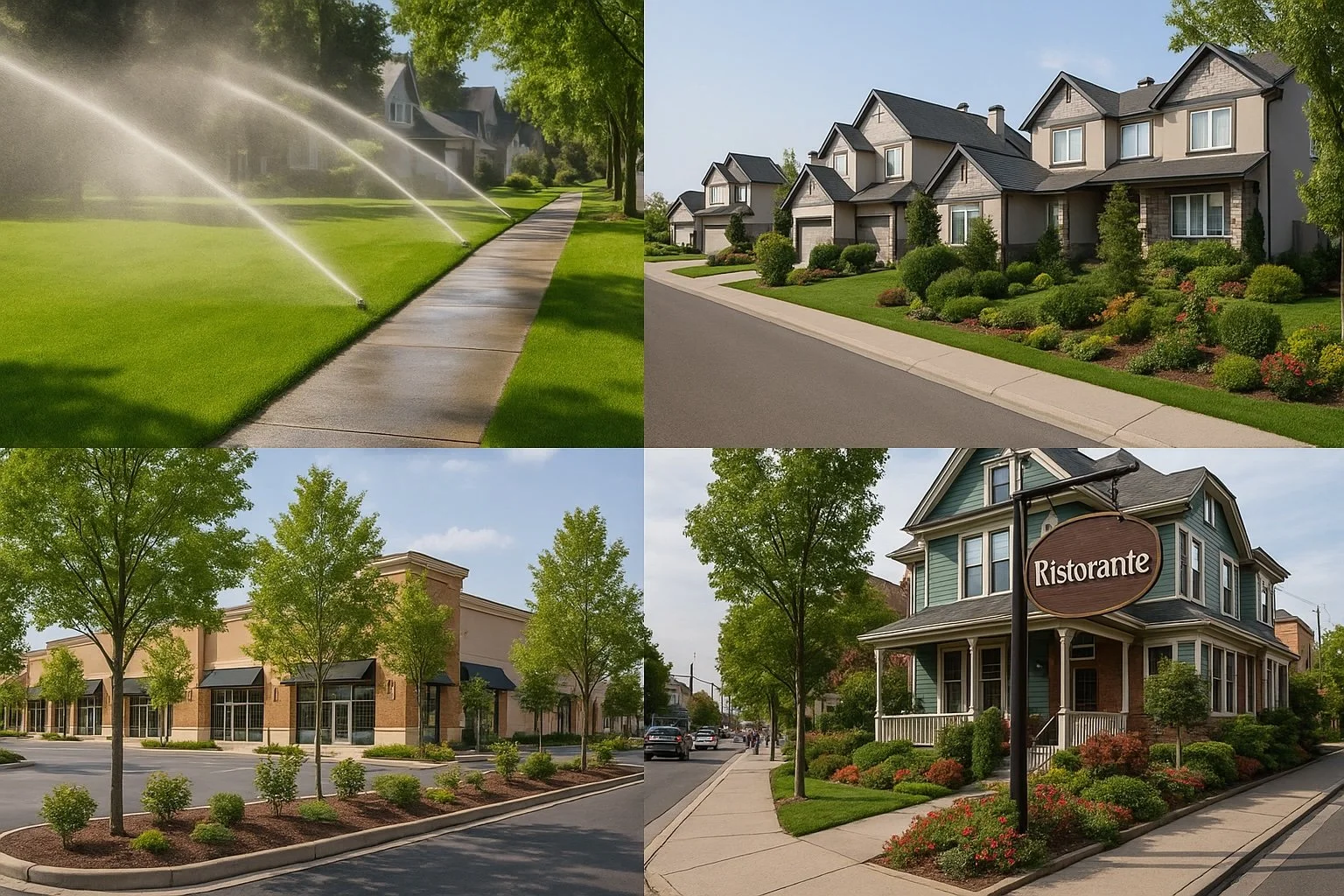 Composite photo of a suburban neighborhood and landscaping. Top left shows a sidewalk with a water sprinkler spraying a lawn with trees along the street. Top right shows a row of modern houses with well-maintained lawns and shrubs. Bottom left shows a shopping area with trees planted in a landscaped strip between parking and sidewalk. Bottom right shows a corner building with a sign that reads 'Ristorante,' surrounded by flowers and bushes, with trees and a sidewalk.