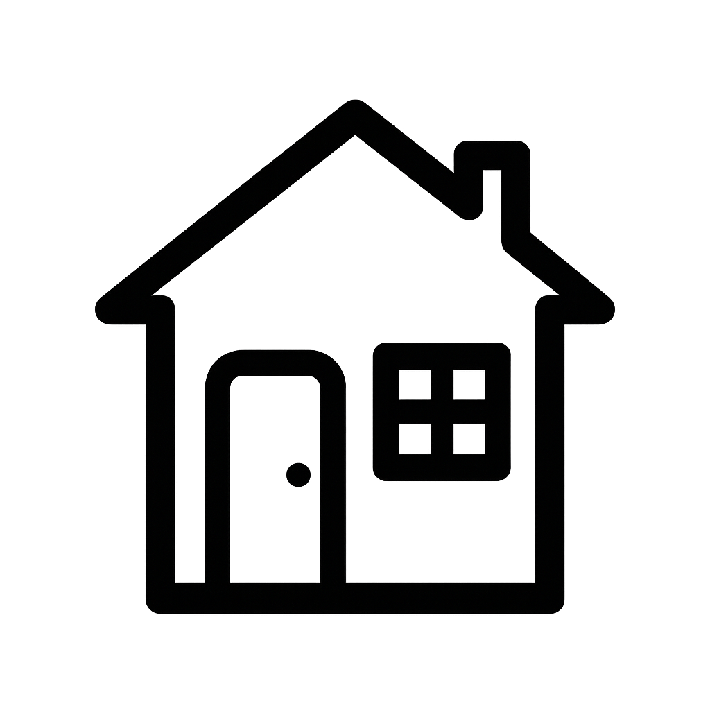 Outline drawing of a house with a door, window, chimney, and a roof.