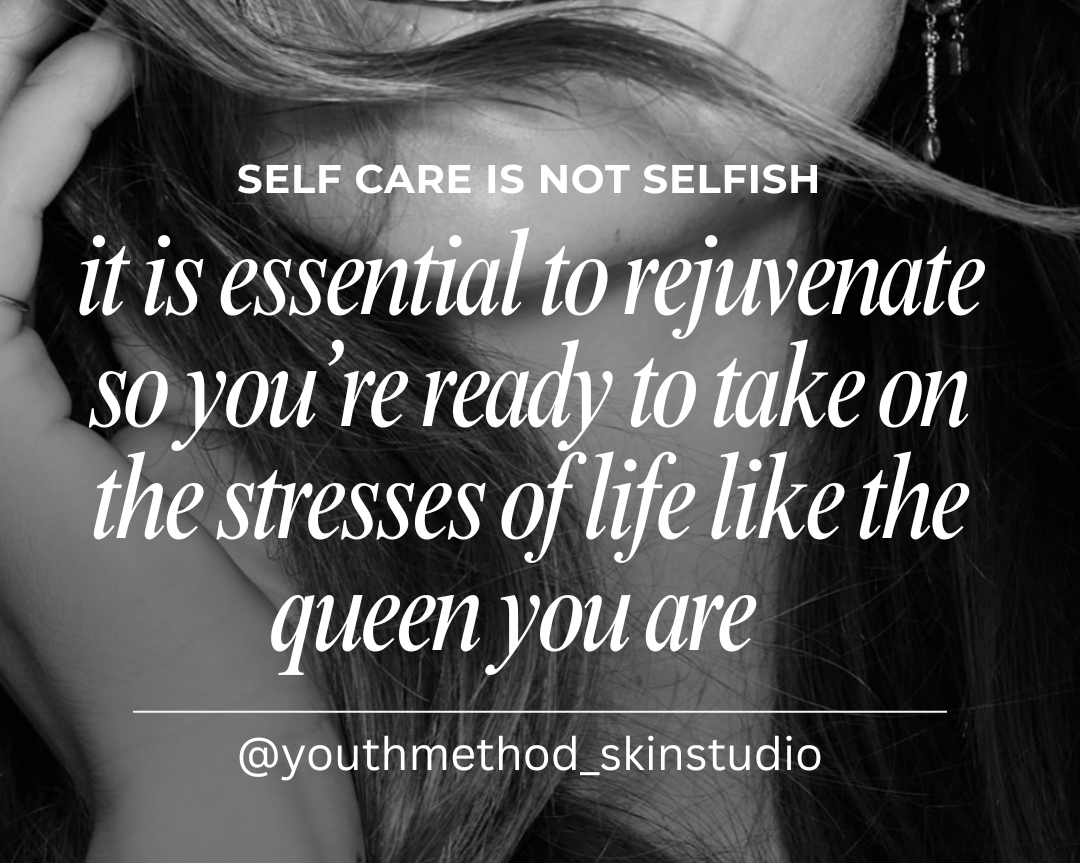 A black and white close-up of a woman with long hair, with an inspirational quote overlayed that reads: "Self care is not selfish. It is essential to rejuvenate so you're ready to take on the stresses of life like the queen you are."