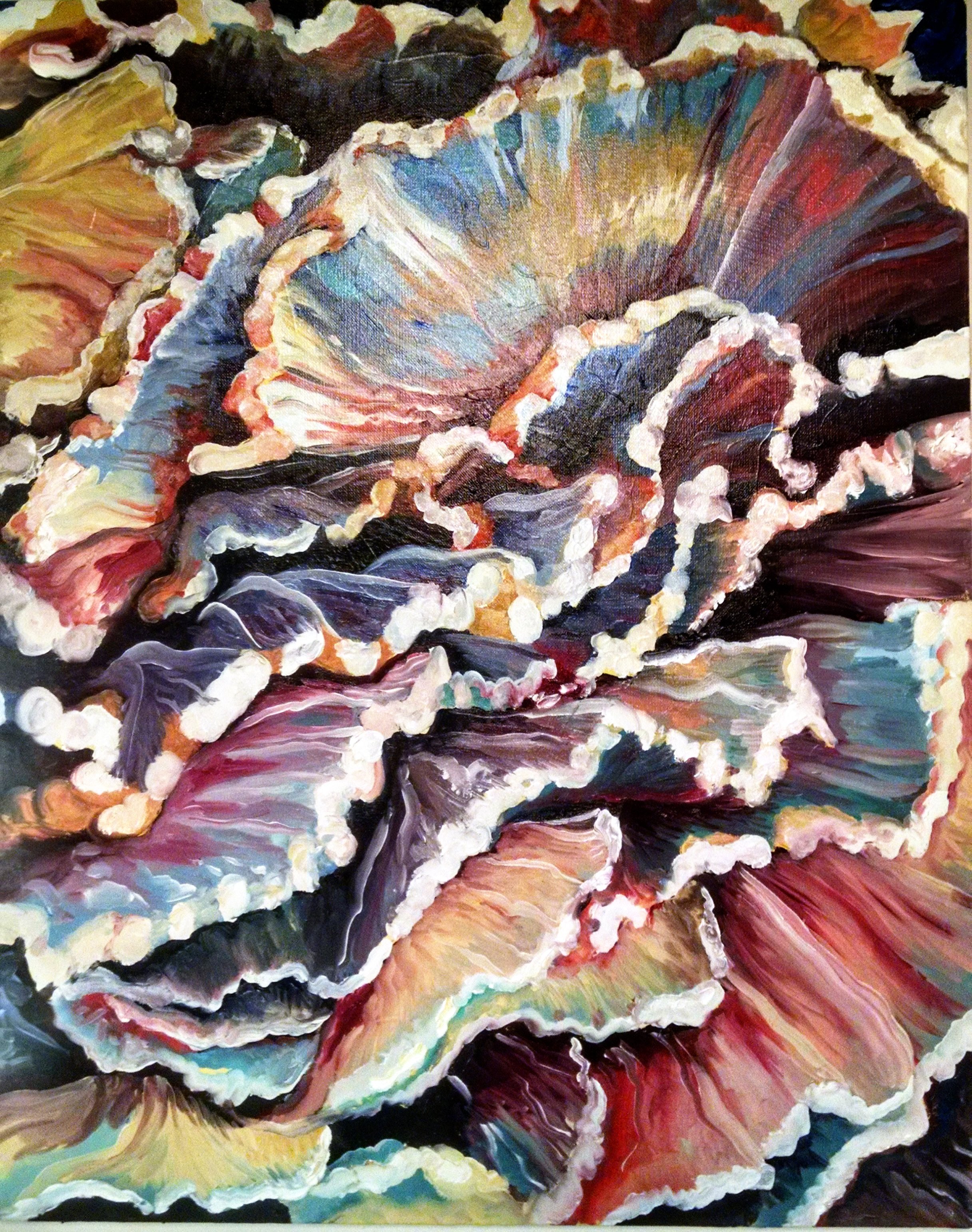 An abstract painting of colorful, layered, ruffled flowers with textured white edges.