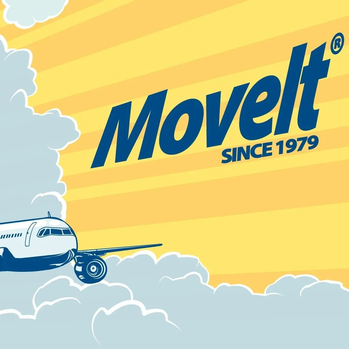 Illustration of an airplane flying through clouds with the text "MoveIt Since 1979" in the sky.
