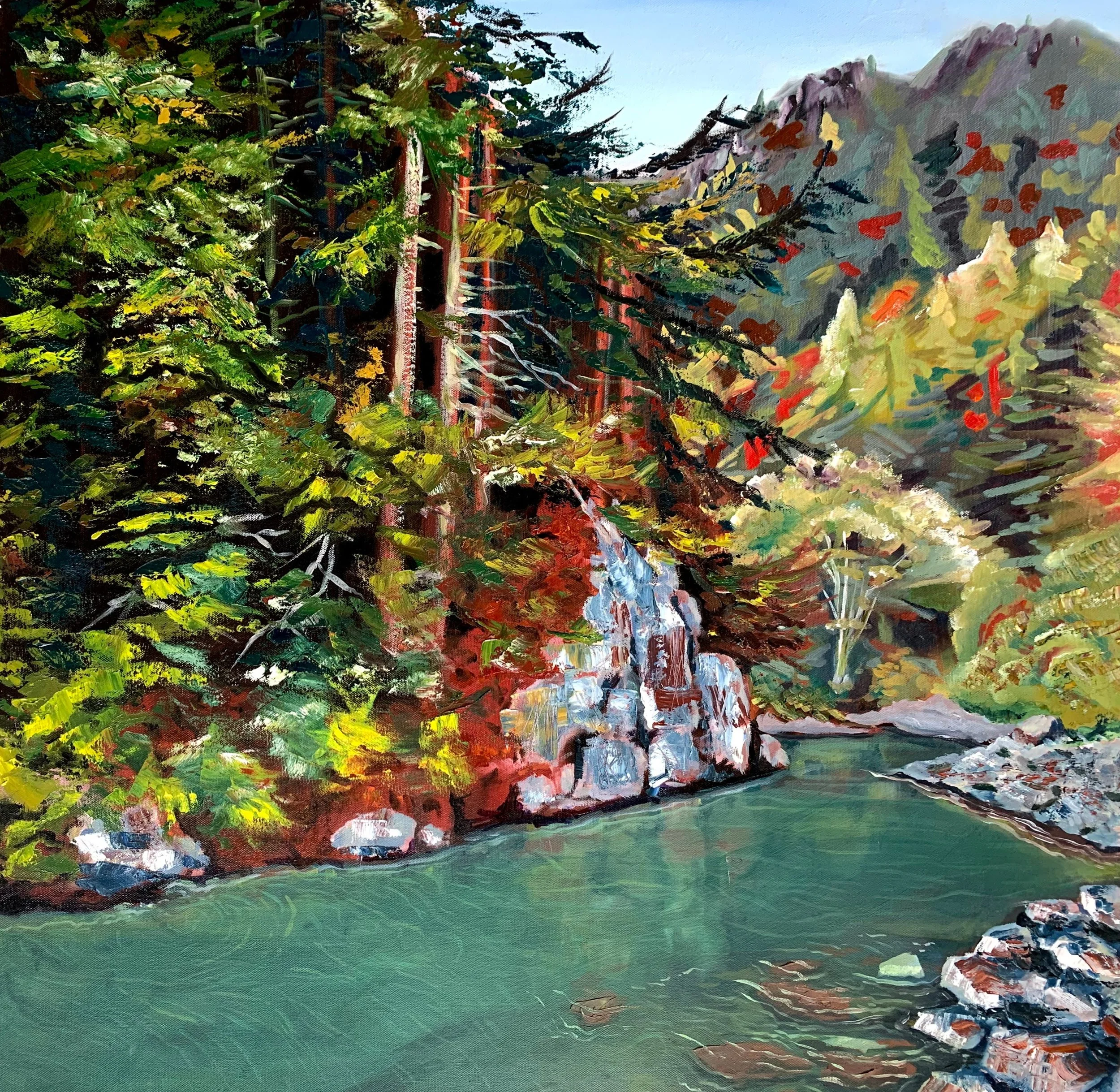 An oil painting of a mountain landscape featuring a flowing waterfall, green pine trees, colorful foliage, and a mountain in the background under a blue sky.