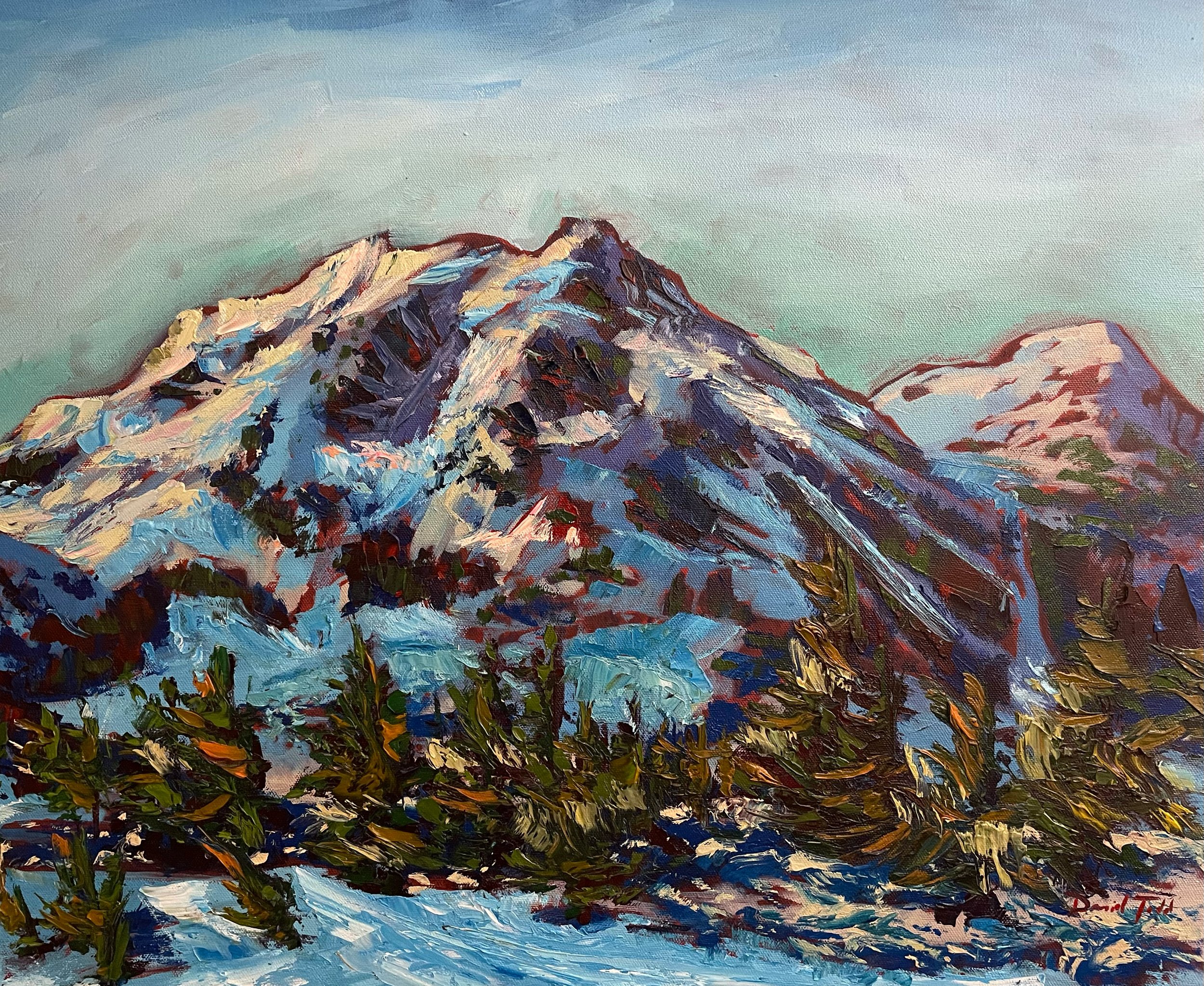 An oil painting of snow-covered mountain peaks with evergreens in the foreground.
