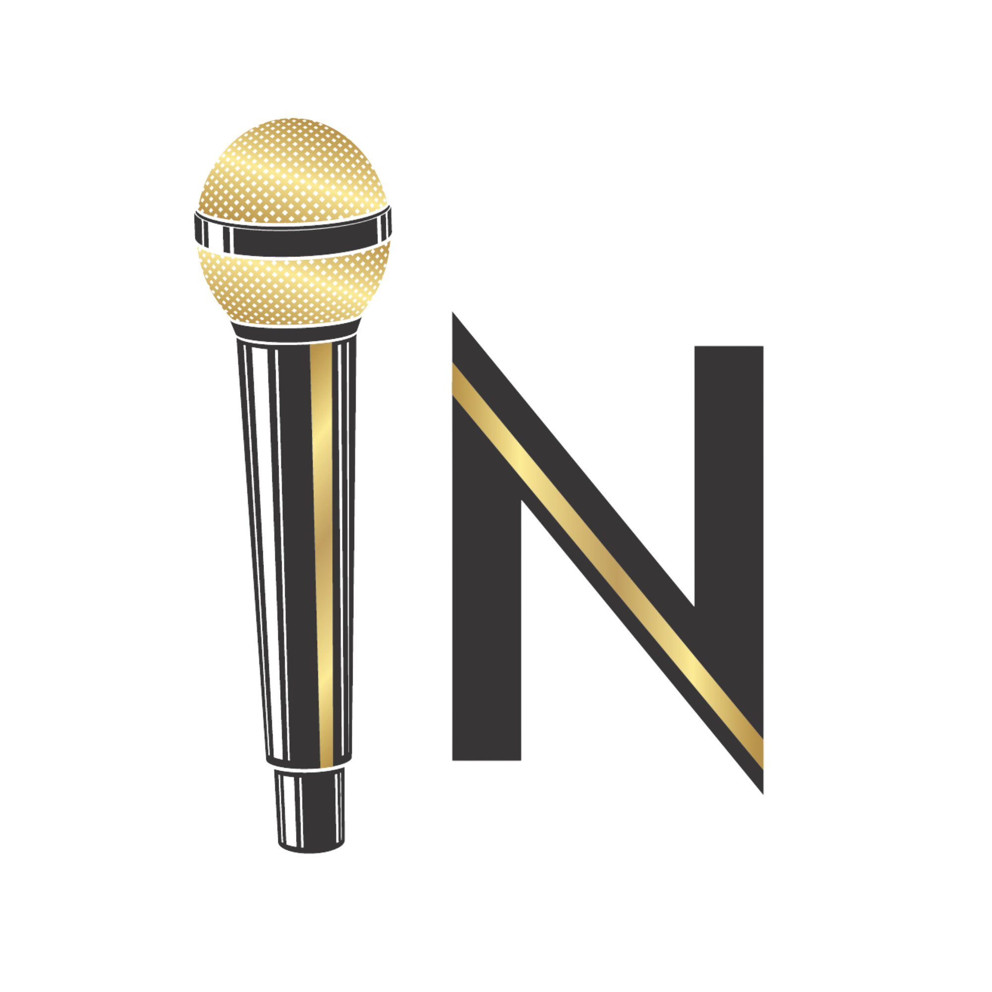 Close-up of a microphone with a black stand and gold sphere head with dotted pattern, placed next to a partially visible sign with black, gold, and gray colors.