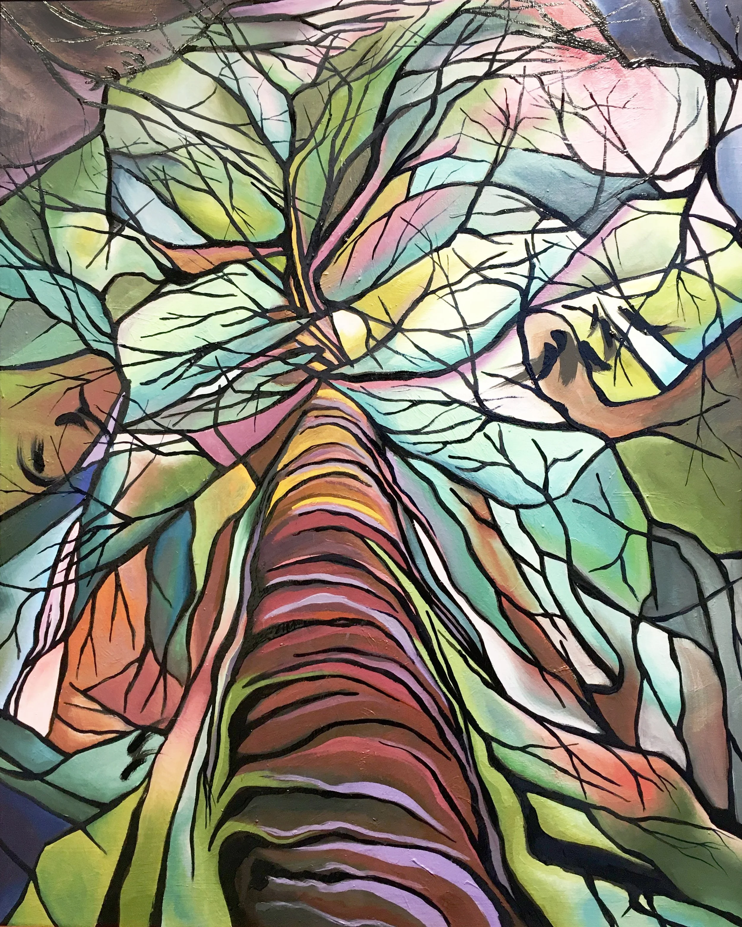 Abstract painting of a view looking up a tree trunk with branches and leaves, characterized by bold, black outlines and pastel colors.