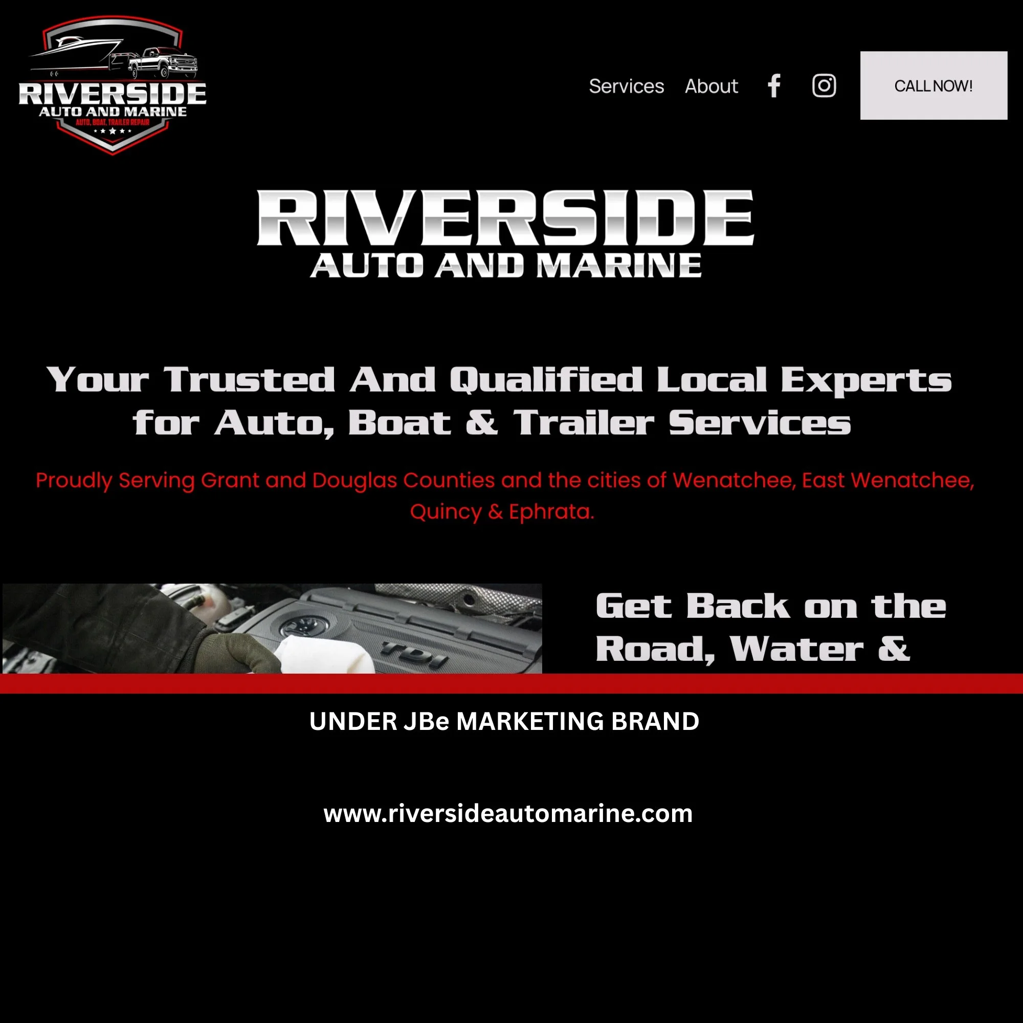 Screenshot of a website homepage for Riverside Auto and Marine, showing a black background, company logo with a truck, and text about services, service area, and website URL.