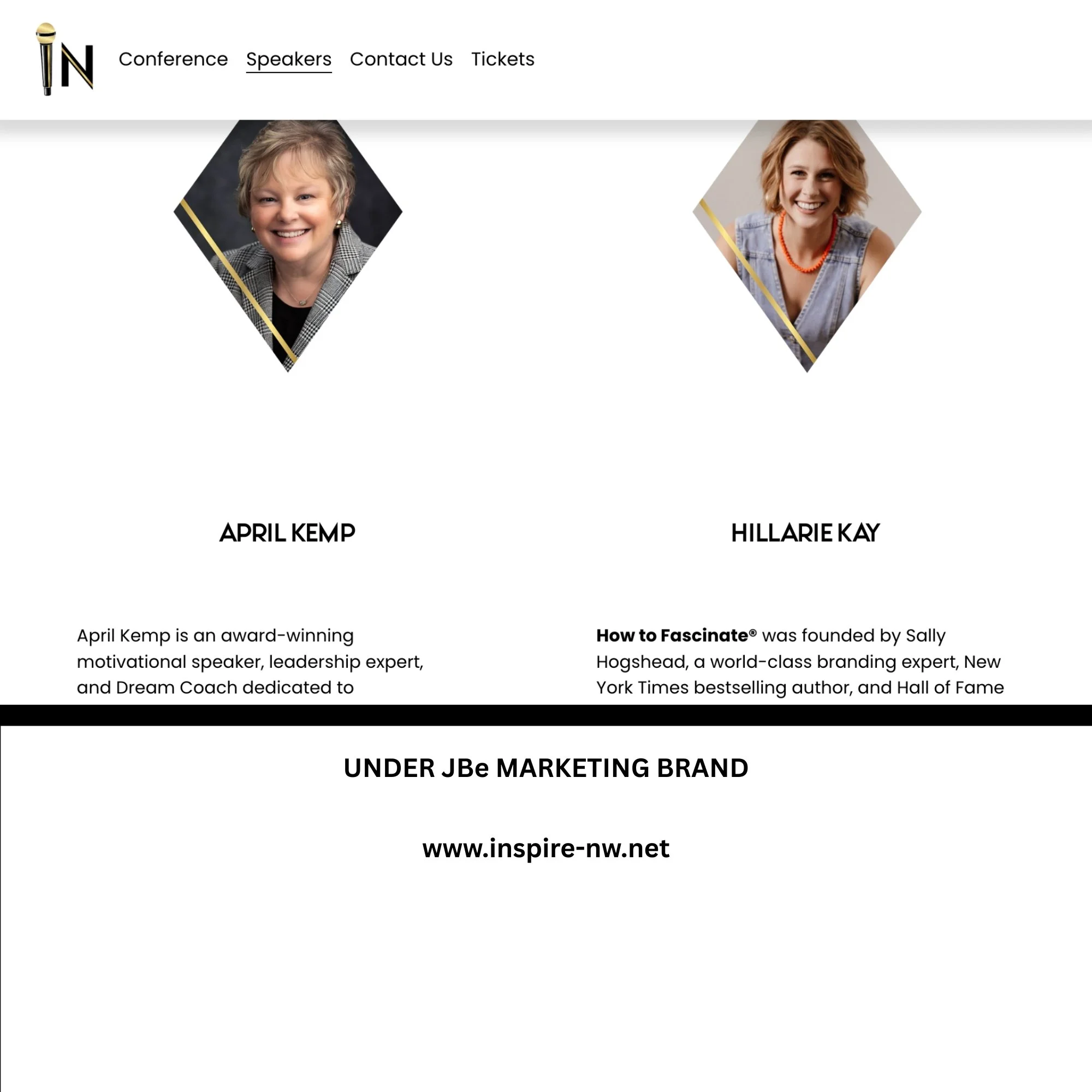 Webpage featuring photos of April Kemp and Hilarie Kay, with headings and descriptions about their achievements, and a website link www.inspire-nw.net.