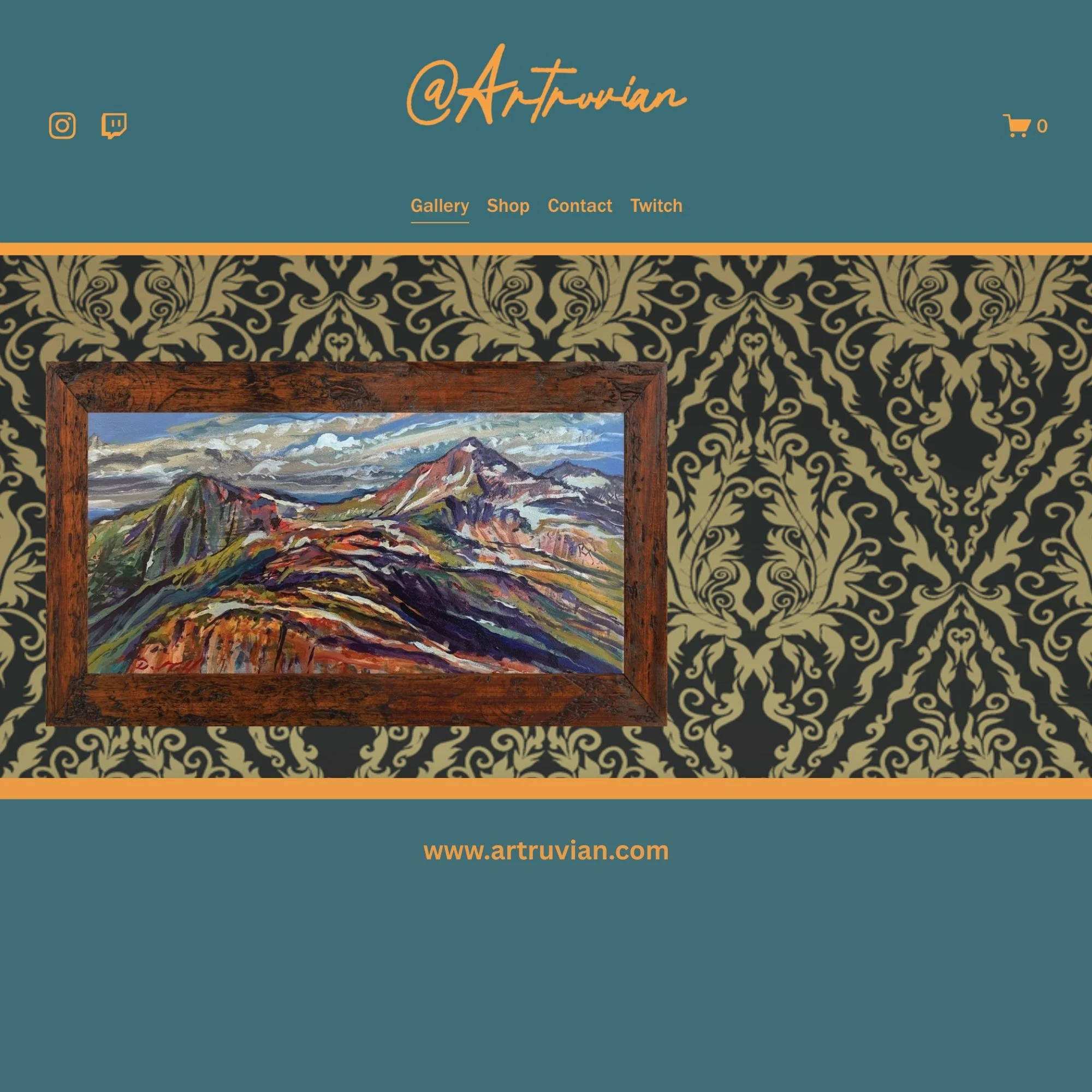 Website homepage featuring a colorful landscape painting of mountains in a wooden frame, with decorative black and gold pattern background, and the art website's name '@Arttruvian' at the top.