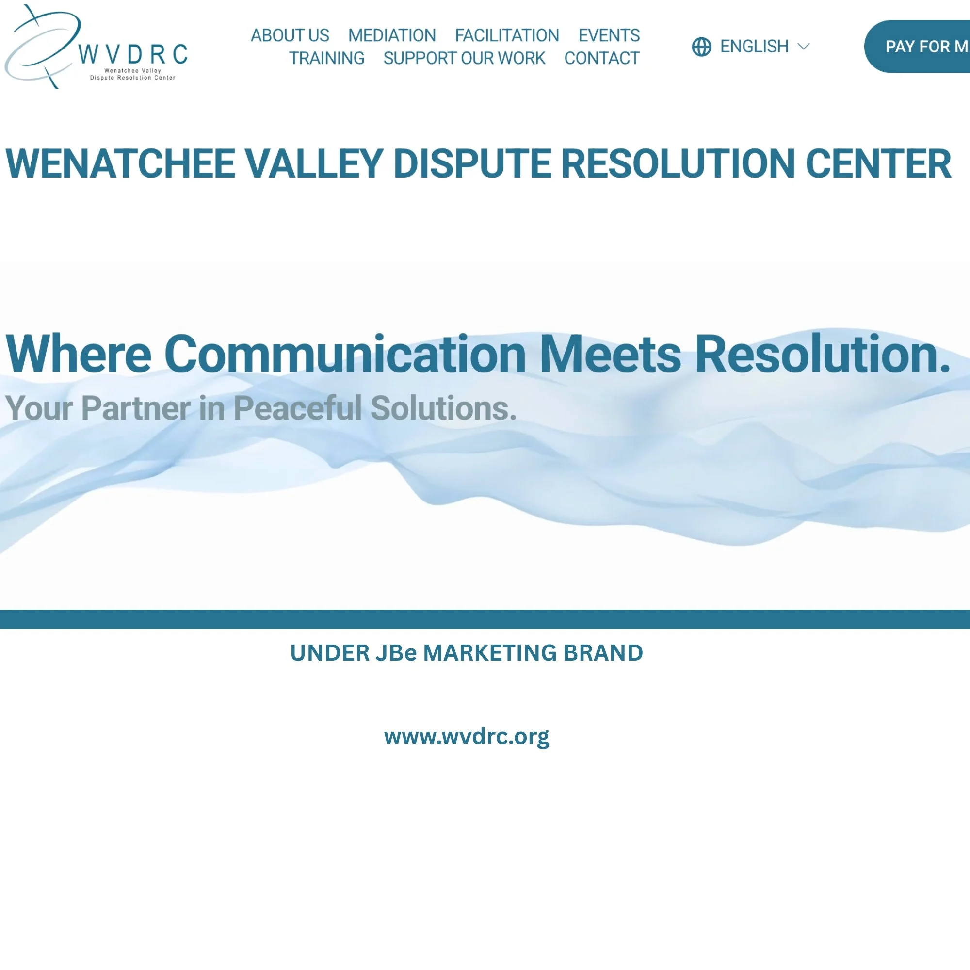 Homepage of the Wenatchee Valley Dispute Resolution Center website displaying the organization’s logo, navigation menu, and the tagline 'Where Communication Meets Resolution'.