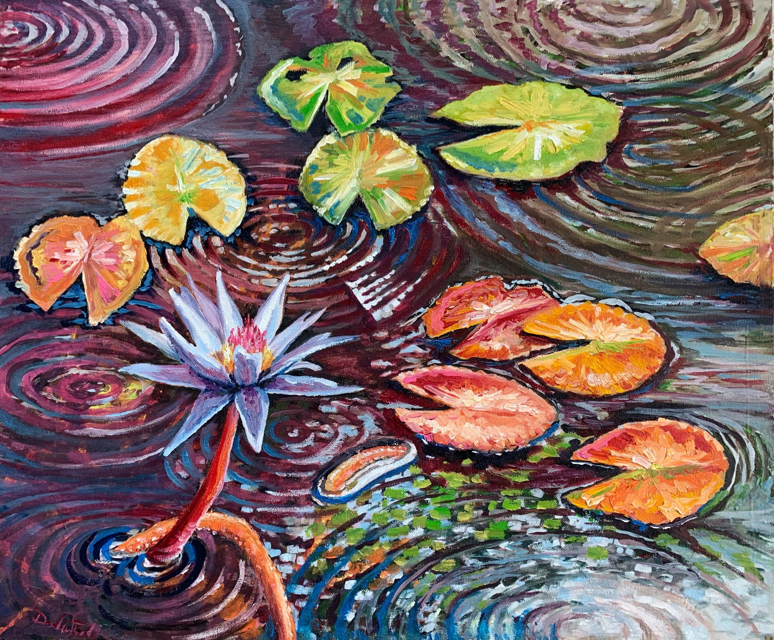 A colorful painting of water lilies and lily pads on a pond with rippling water.