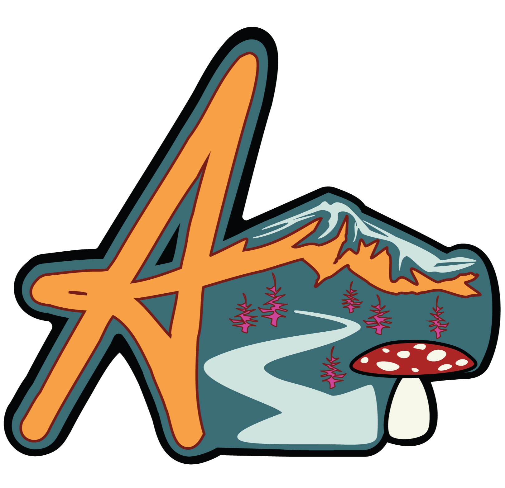 Stylized graphic of a mountain with snow on top, a winding river, red and white spotted mushroom, purple trees, and a large orange star in the foreground.