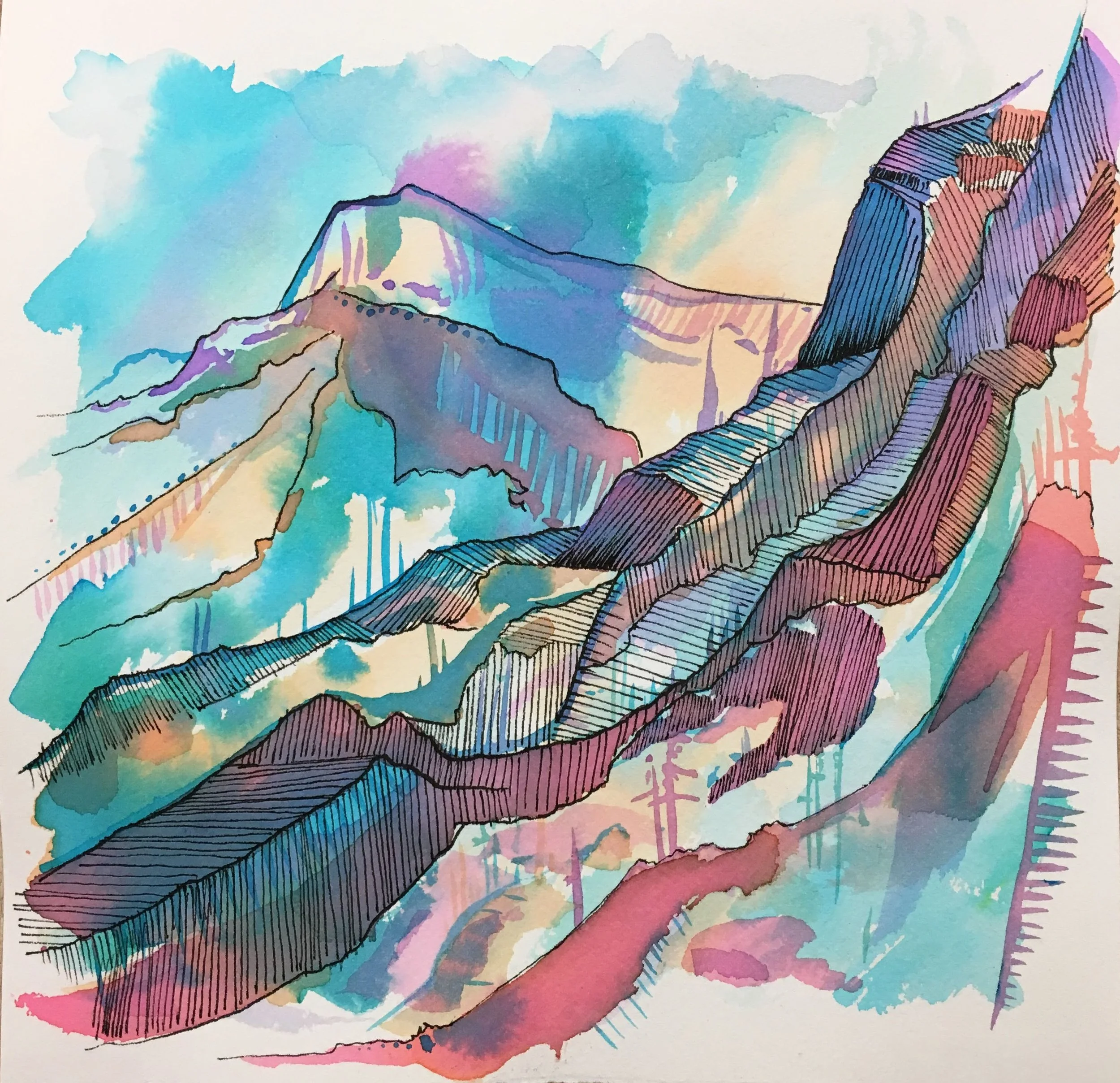 Abstract watercolor painting of mountains with colorful peaks, slopes, and sky in pastel shades of blue, purple, pink, and beige, with line accents highlighting the terrain.