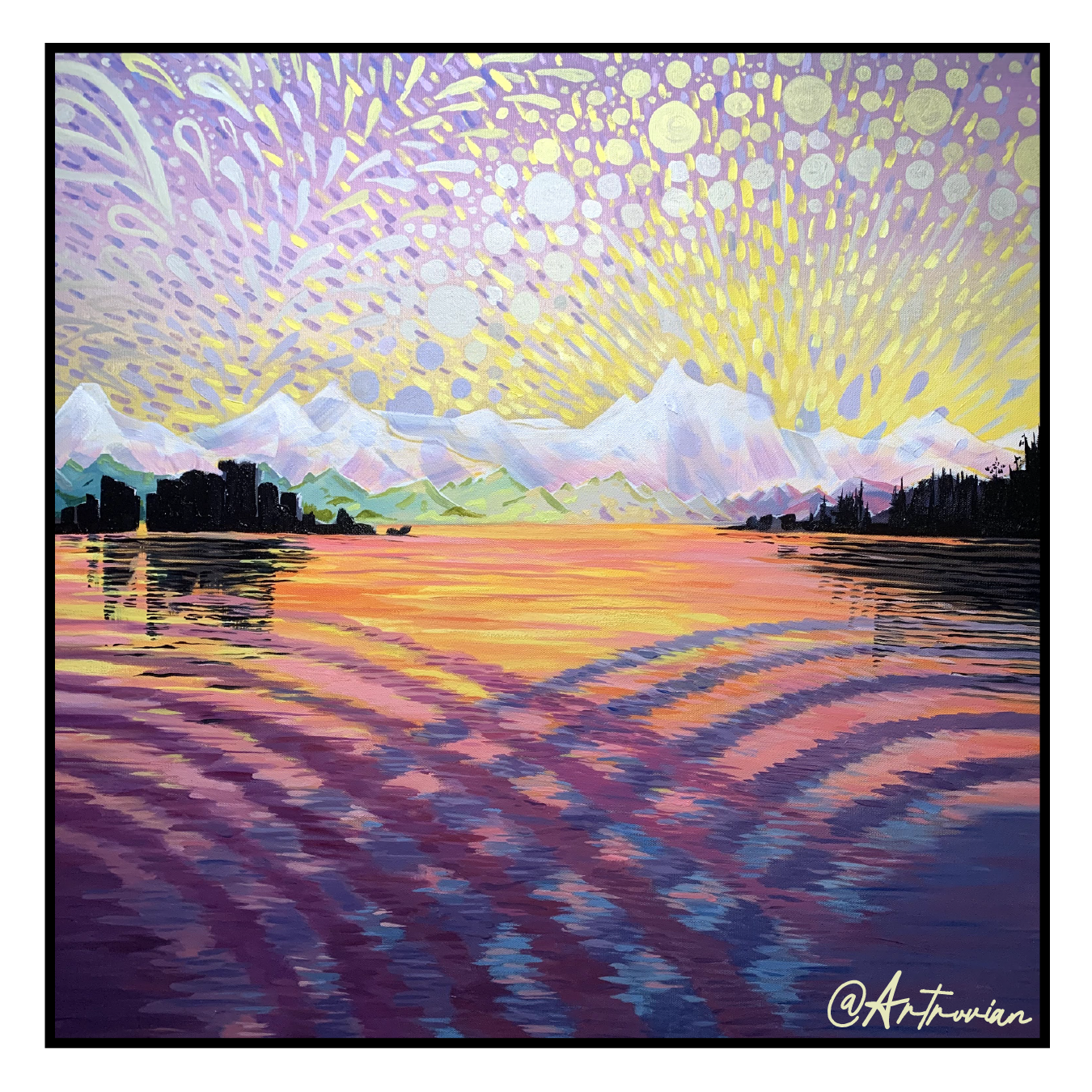 Colorful painting of a mountain landscape with snow-capped peaks, a body of water reflecting the sky, and a vibrant sunset or sunrise with yellow, purple, and pink hues.