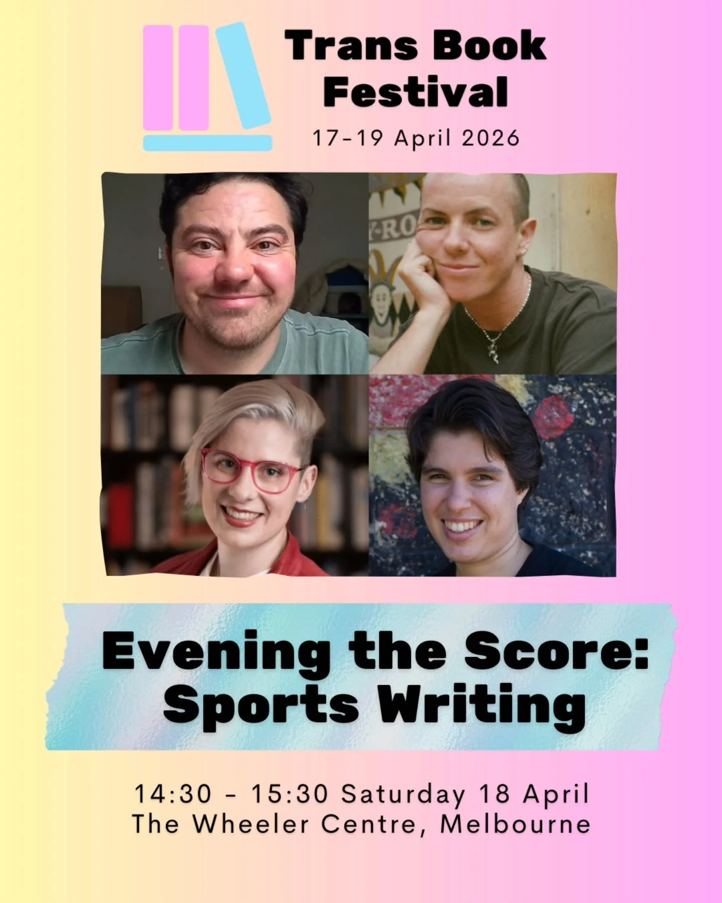 Introducing Evening the Score: Writing Sports with Dylin Hardcastle, Darcy Green, Ellen van Neervan, and chaired by Sam Elkin. 

Amid regressive debates about trans participation in sport, how can we reclaim a love of movement, play, and team fandom?