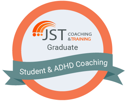 Badge indicating JST Coaching & Training Graduate for Student & ADHD Coaching