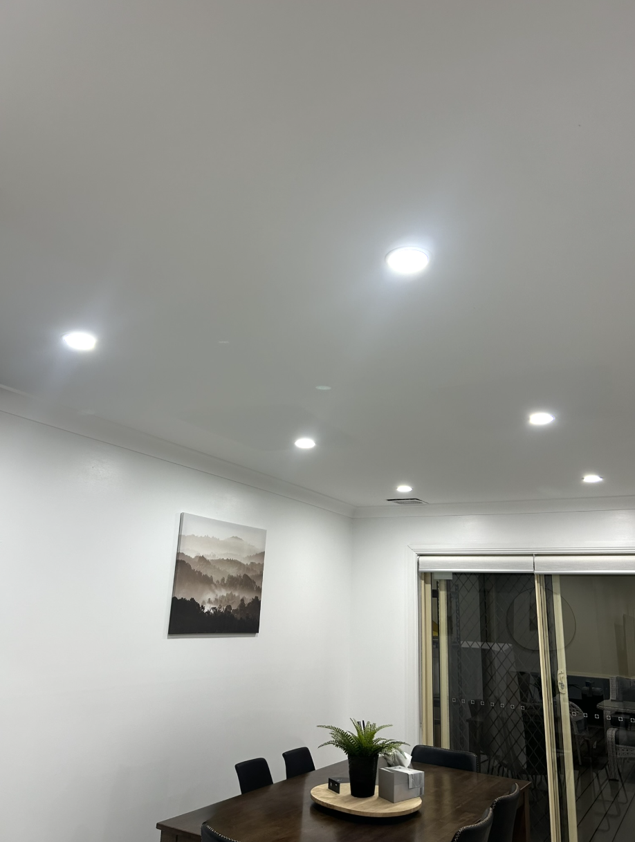 Dining room with a wooden table, black chairs, a potted plant, and a sliding glass door with a screen, decorated with a mountain landscape picture on the white wall.