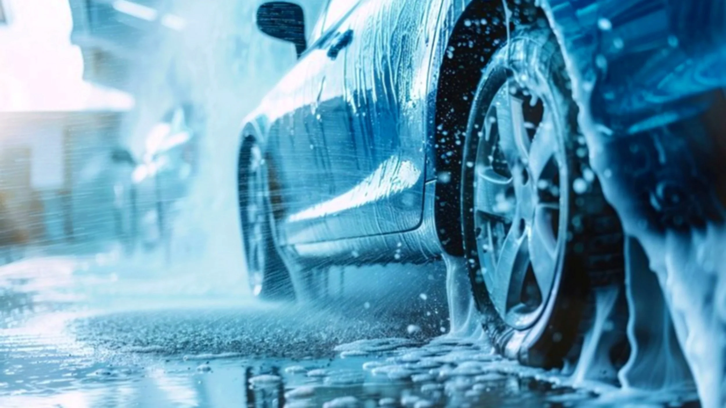 Close-up of a car being washed with soap, water, and foam on the vehicle's body and wheels.