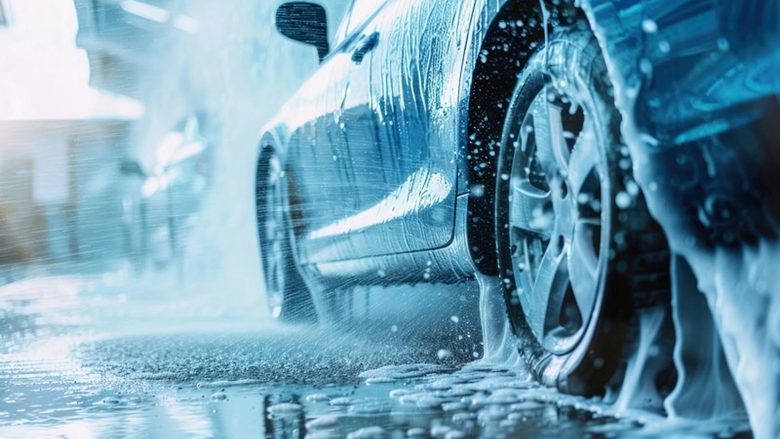 Close-up of a car tire being washed with soap and water, with soap suds and water splashing around.