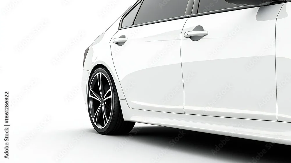 Close-up of the front side and wheel of a white modern sedan car against a plain white background.