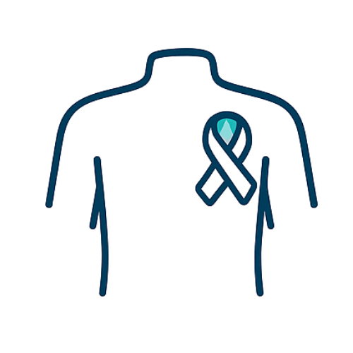 Cancer surgery in Northern Beaches. Outline of a shirt with a teal awareness ribbon and a diamond-shaped emblem on the chest.