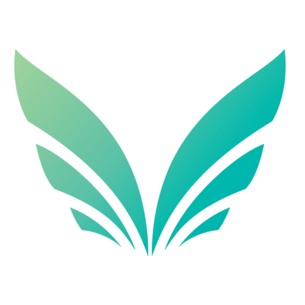 Stylized, multicolored abstract leaf design with gradient shades of blue and green.