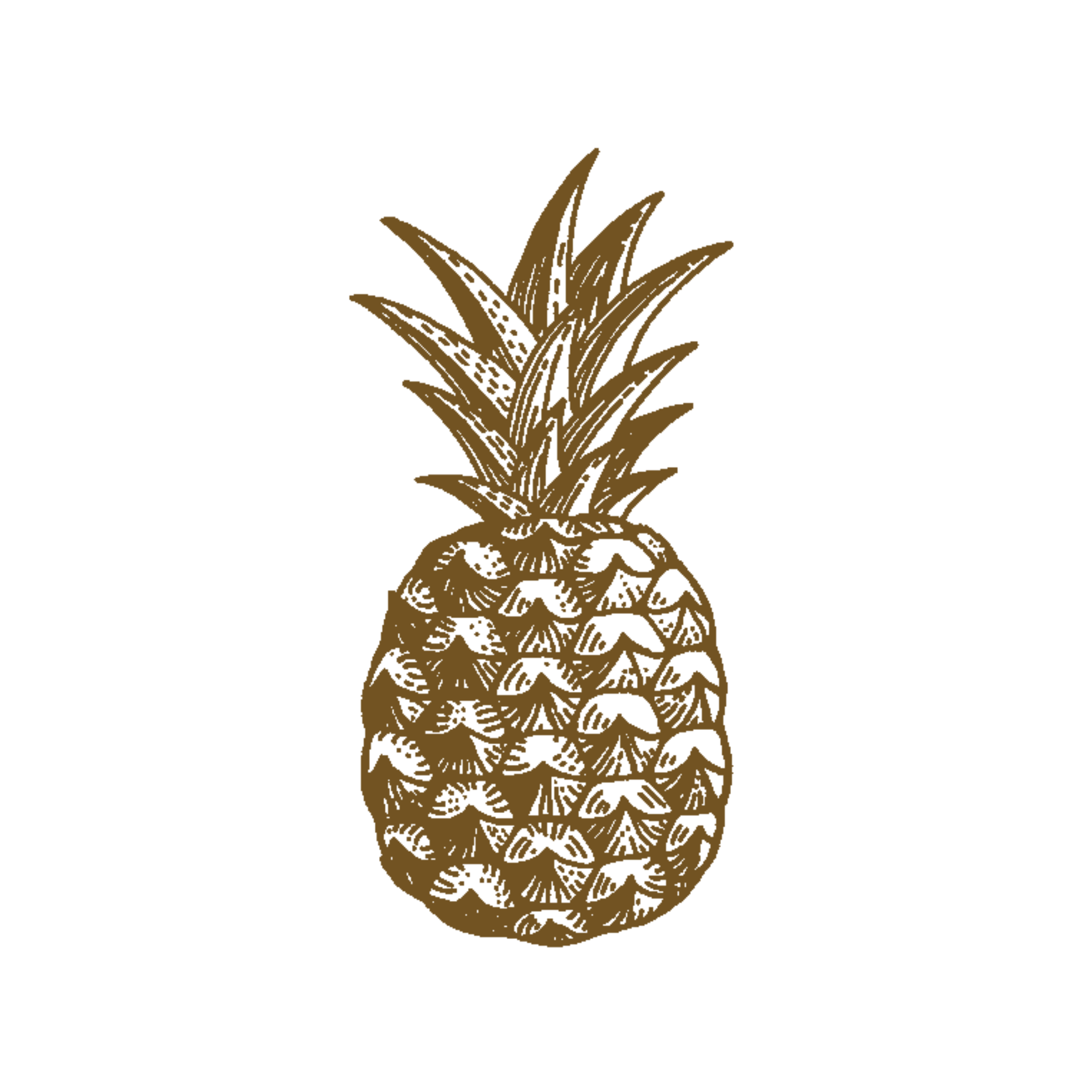 A stylized illustration of a pineapple in gold color on a black background.