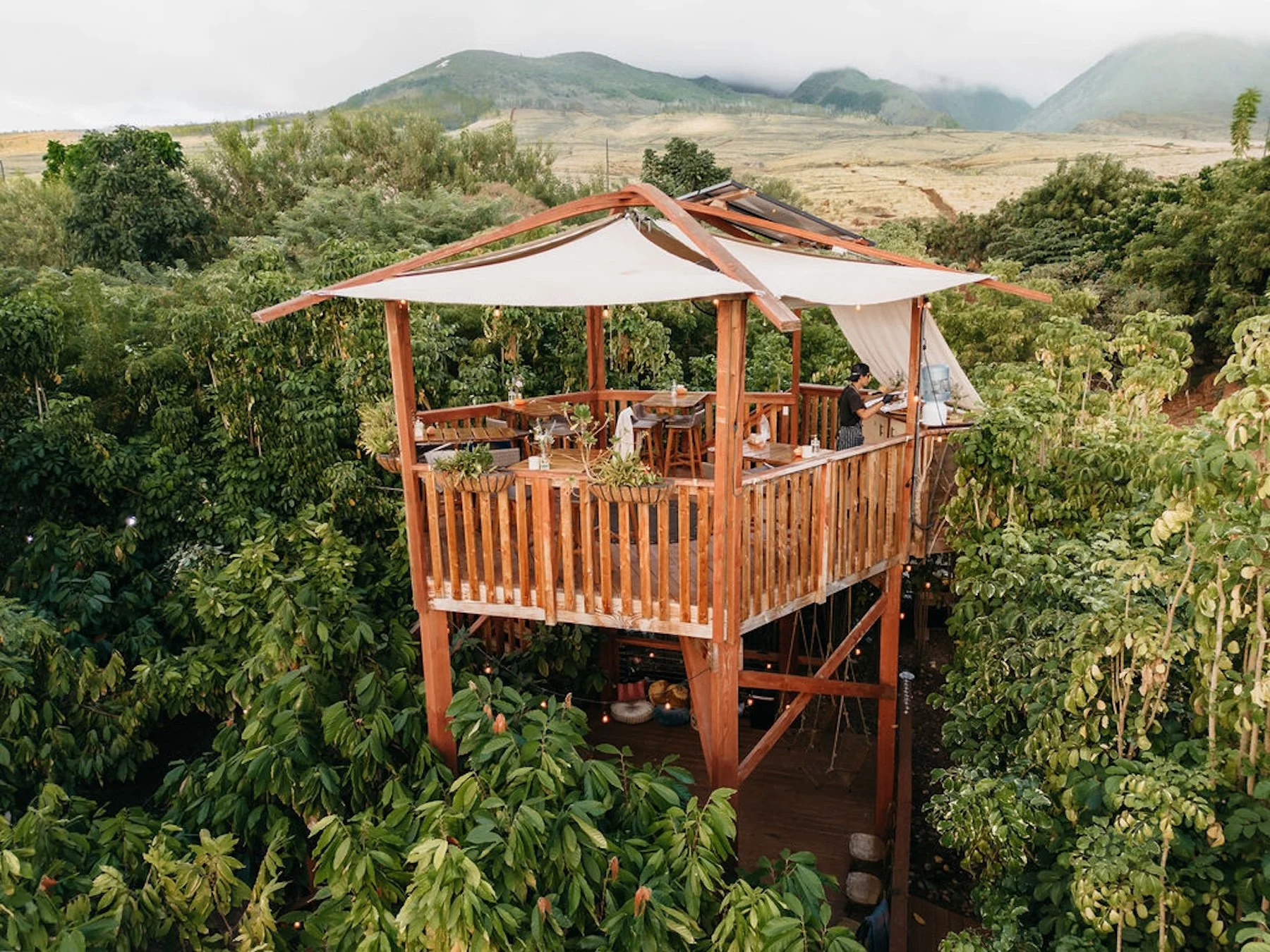 A wooden treehouse with a white canopy roof is built among green trees, overlooking mountains and a cloudy sky.