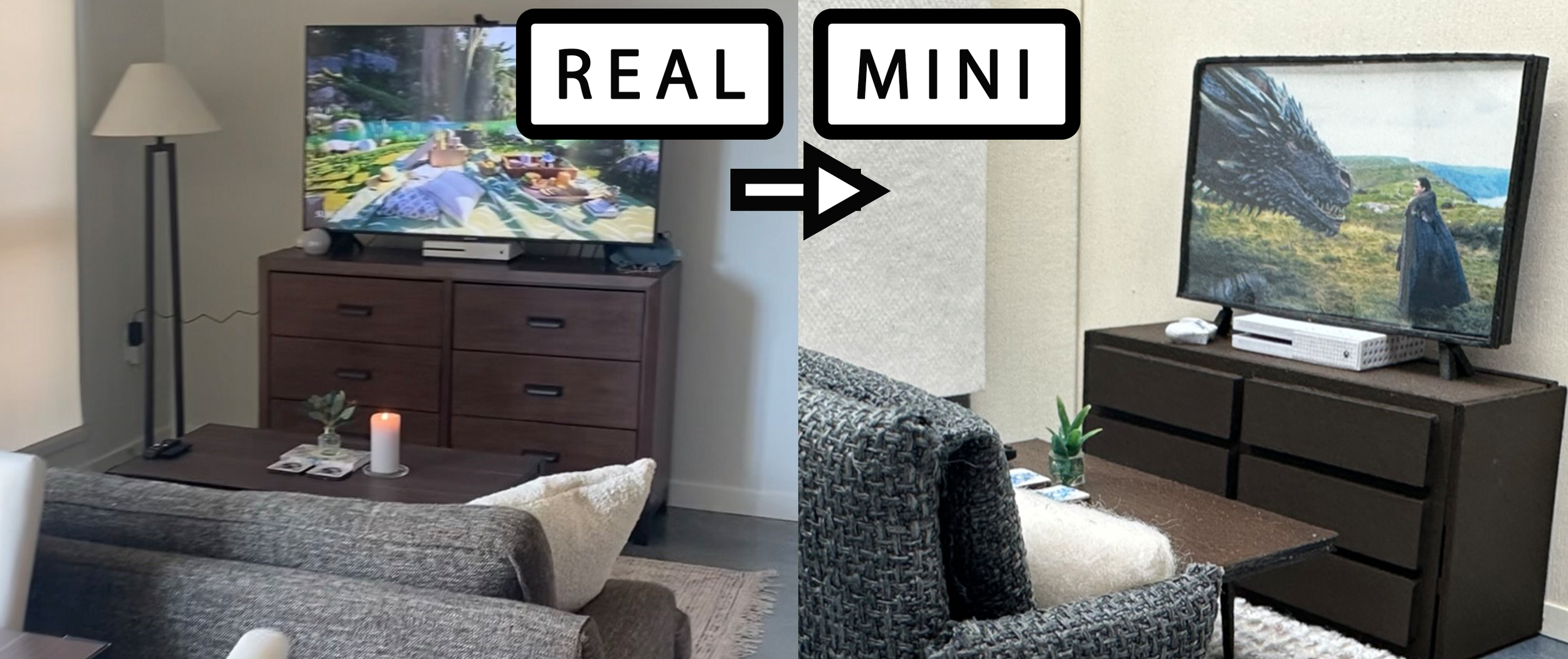 Comparison of the real location on the left versus the miniature model on the right. This miniature is of a modern apartment living room.